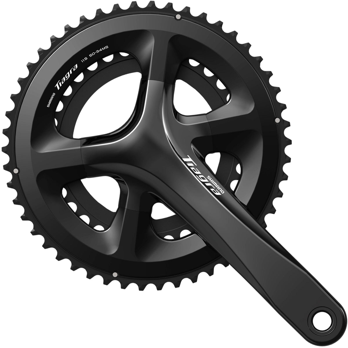 Shimano Tiagra FC-R4000 double 11-speed road bike crankset with HollowTech II design, shown with chainrings and crank arms.