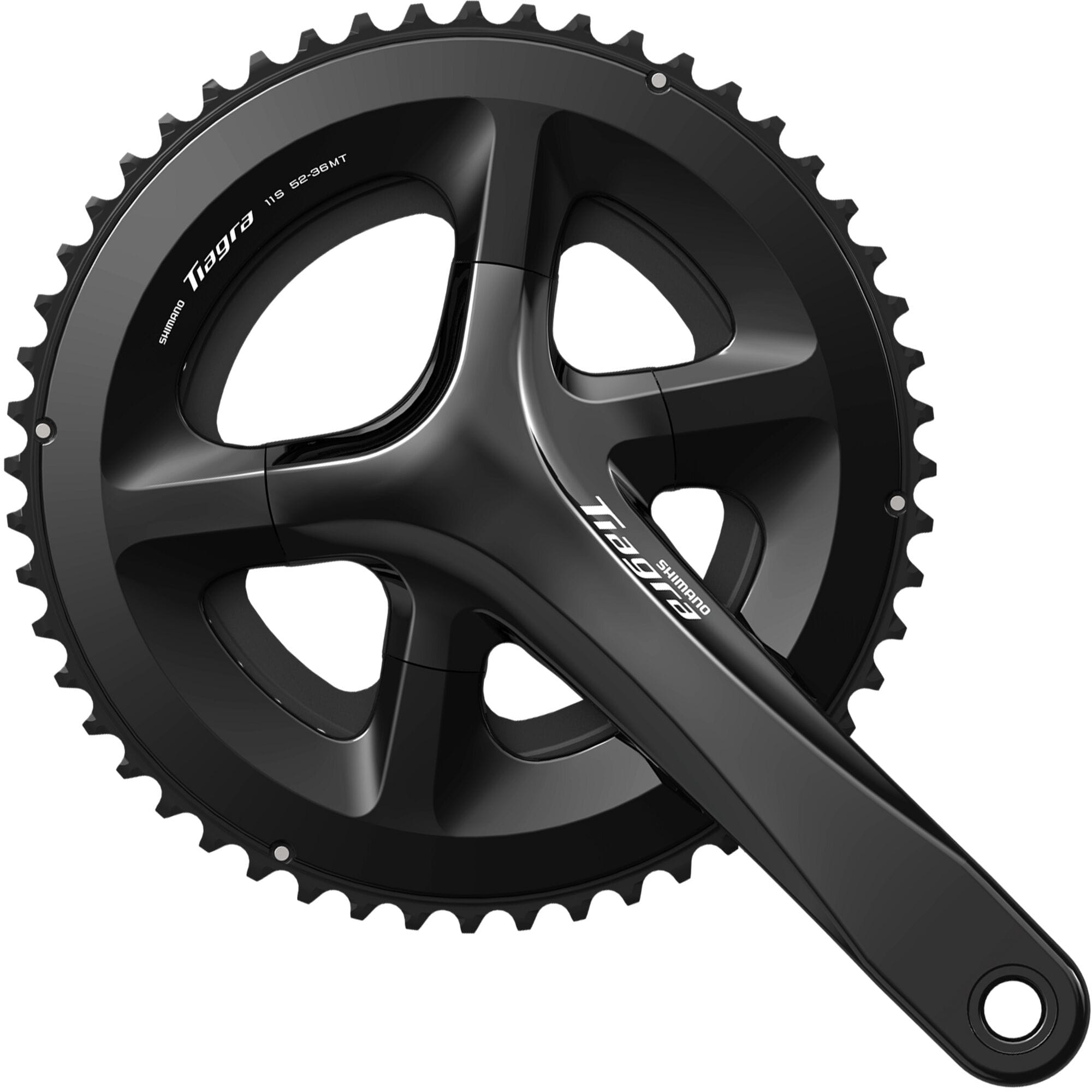 Shimano Tiagra FC-R4000 double road bike crankset with HollowTech II design and 11-speed compatibility, shown from side view.