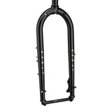 Black Surly Wednesday chromoly steel rigid bike fork with 15mm thru axle and IS disc brake mount, designed for mountain or touring bikes.