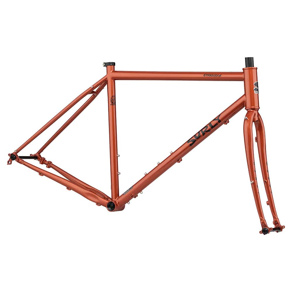 Orange Surly Straggler v2 gravel and urban bike frameset with rack mounts, showcasing the versatile steel bike frame and components.