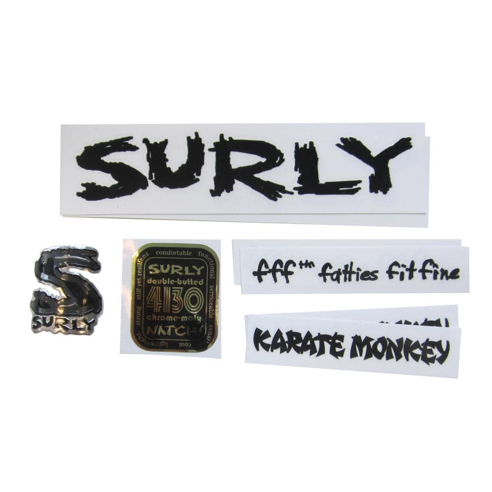 Surly bike frame decal kit with headbadge for customizing and restoring Surly bicycles, featuring detailed stickers and branding elements.