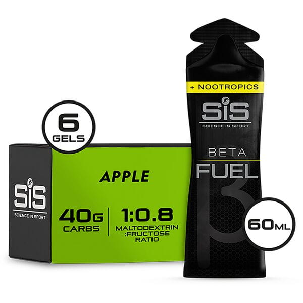 Science In Sport Beta Fuel Energy Gels with nootropics, endurance energy supplement, box of 6, plastic packaging with gel packets.