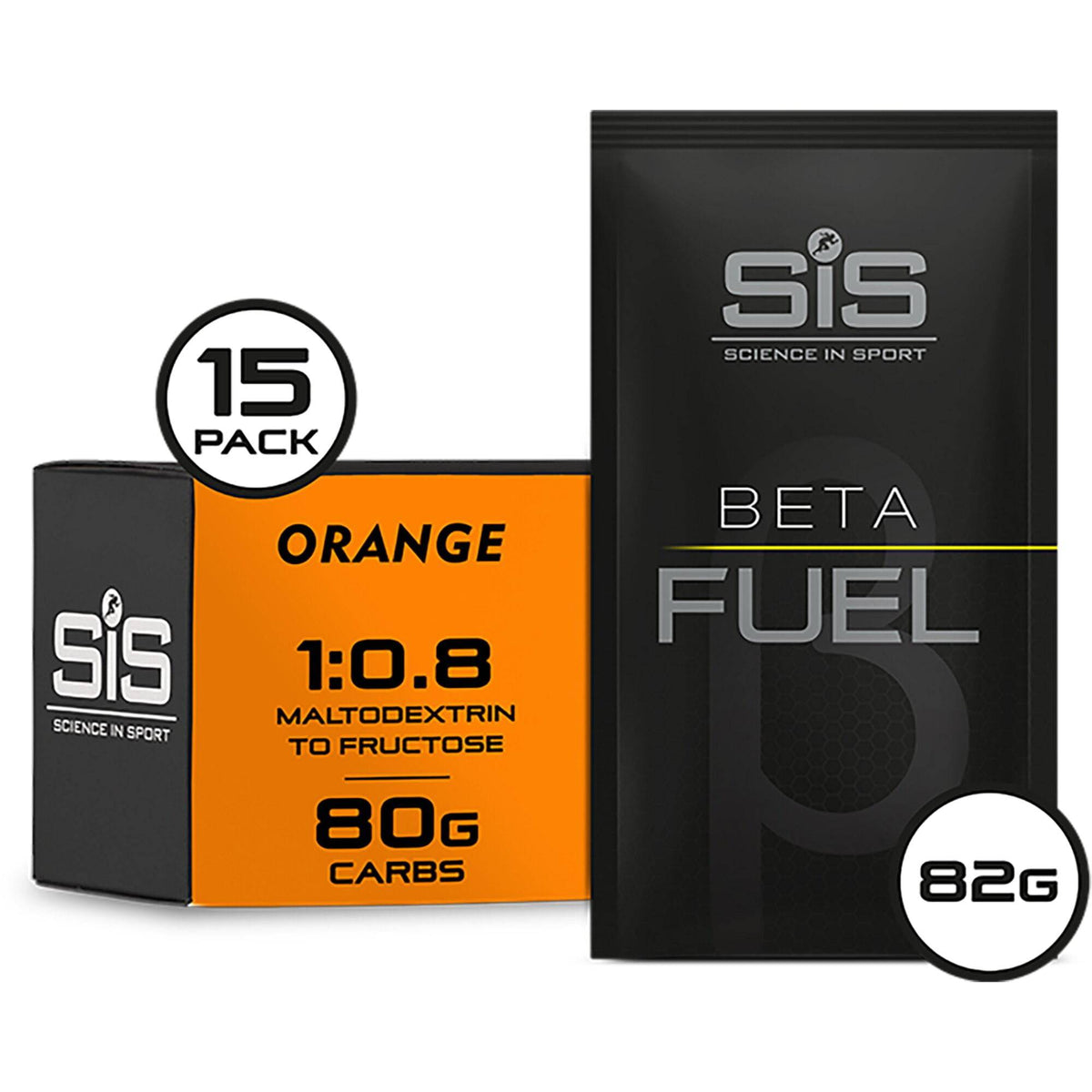 Science In Sport BETA Fuel energy drink powder for endurance and hydration, shown in a container with scoops and packaging.