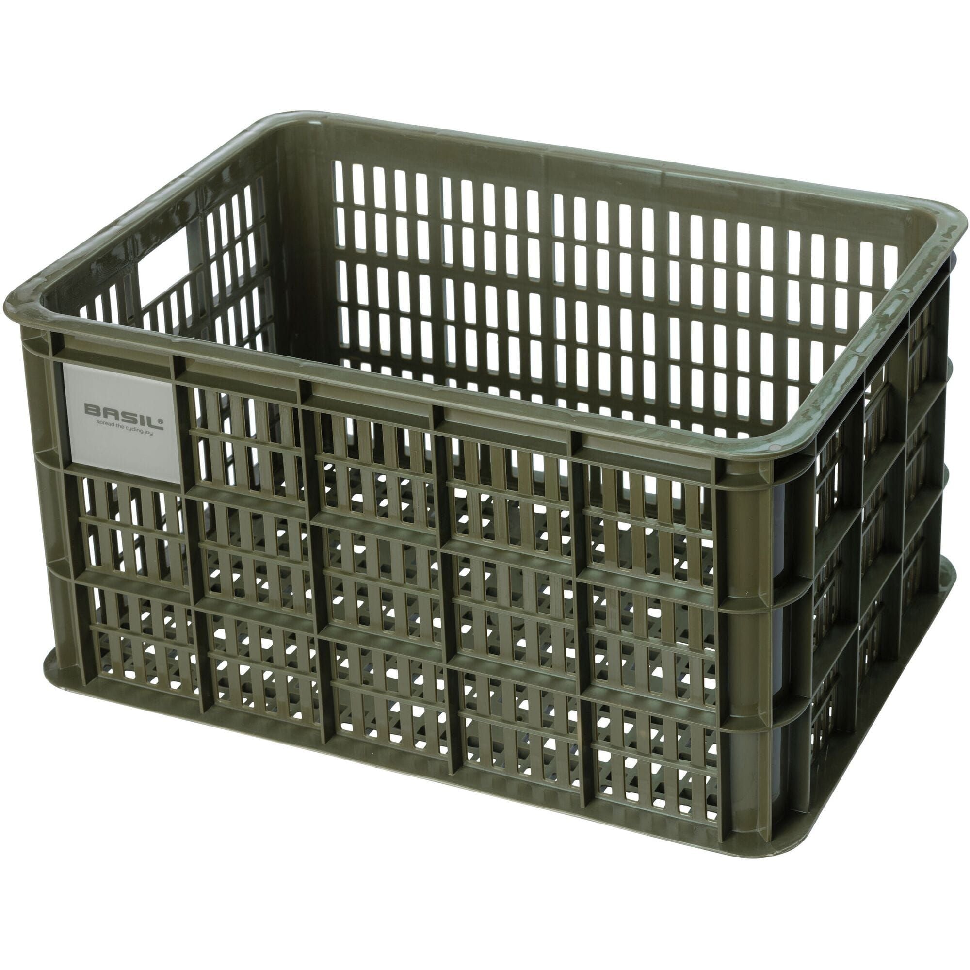 Large green Basil bicycle crate, 40-liter durable bike cargo basket with sturdy construction and open design for bike accessories.