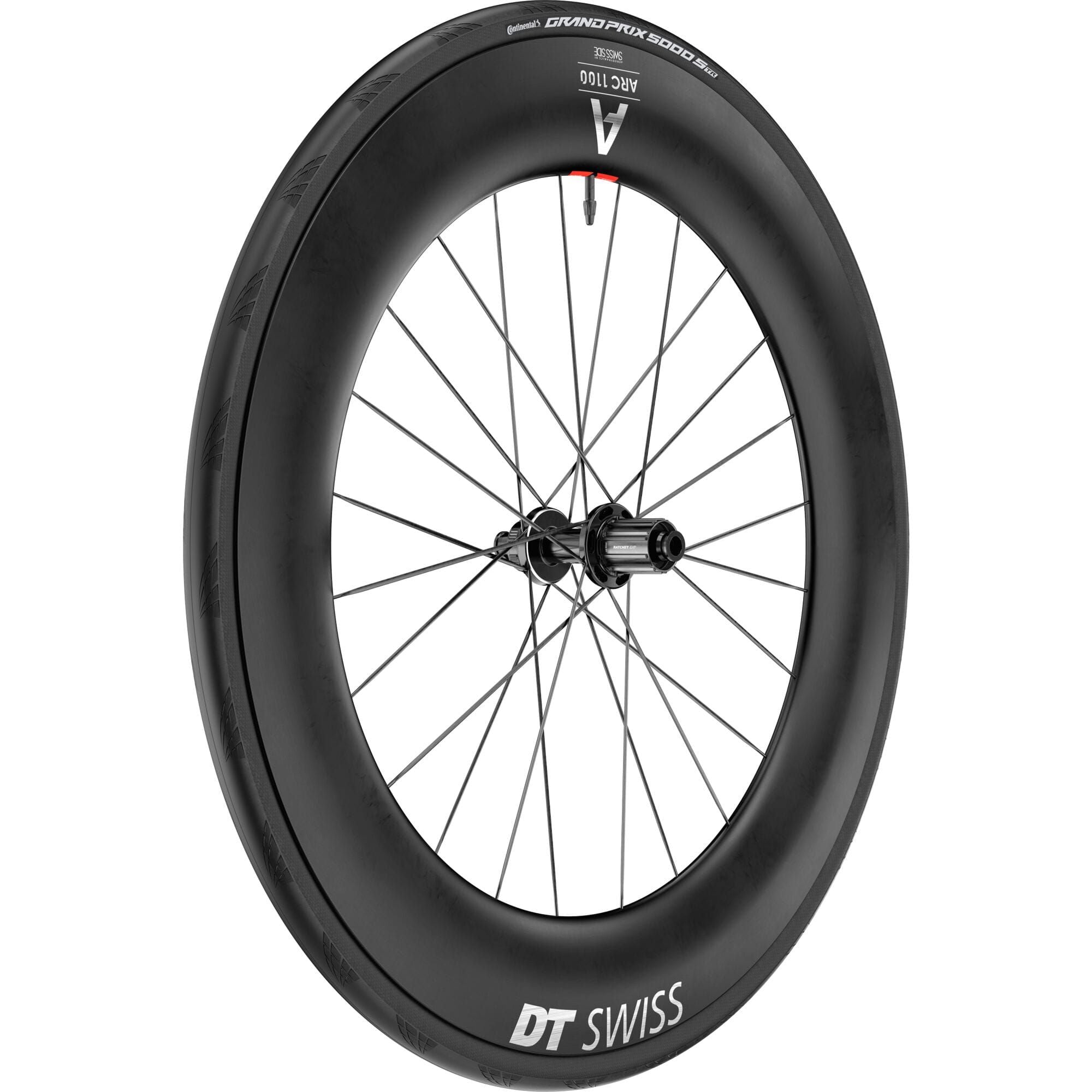 DT Swiss ARC 1100 DICUT rear disc brake wheel with carbon clincher rim and tire, 85x22mm for high-performance cycling.