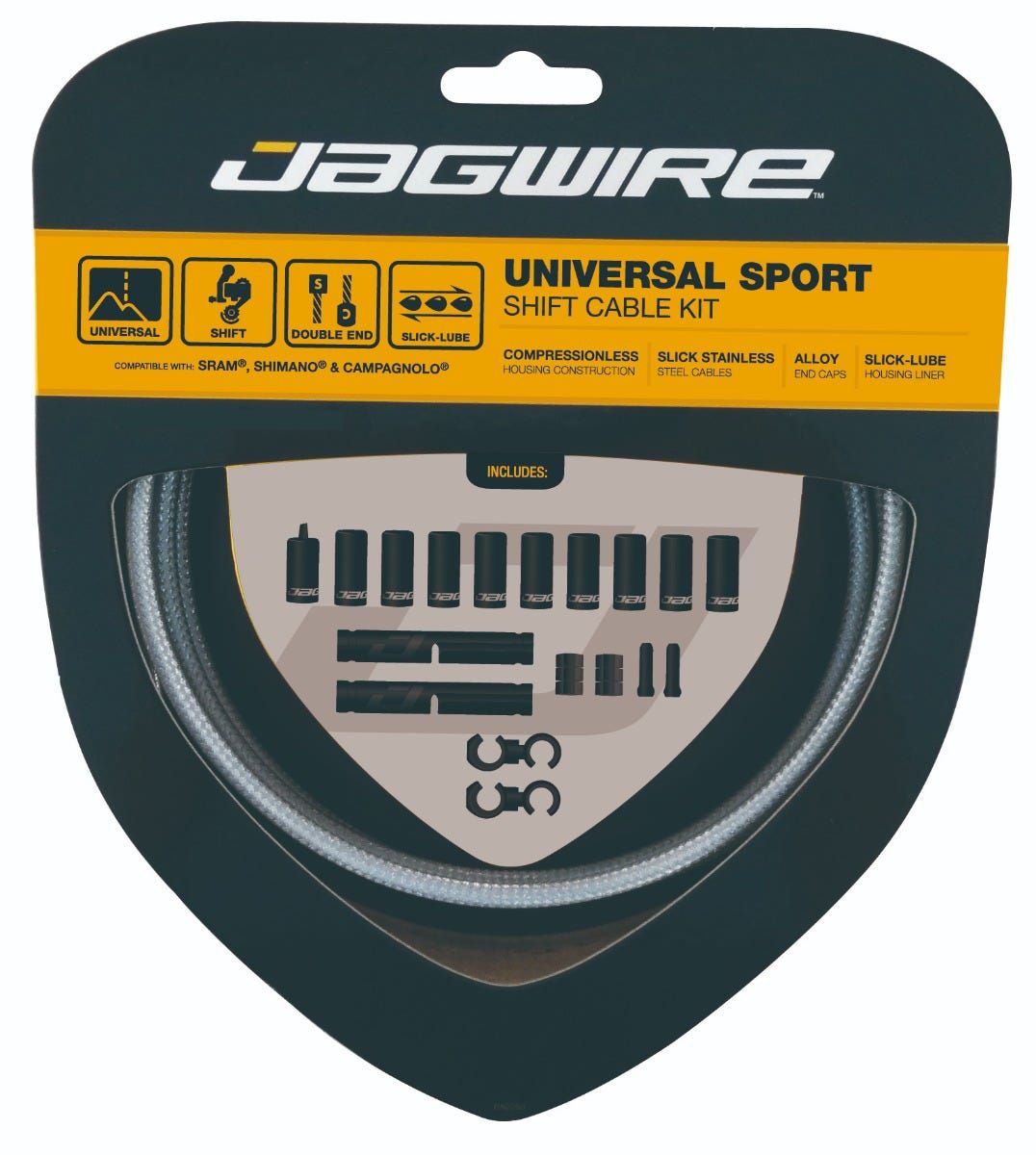 Jagwire Sport Shift Kit 2x for SRAM and Shimano components, featuring cables and housing for smooth gear shifting.