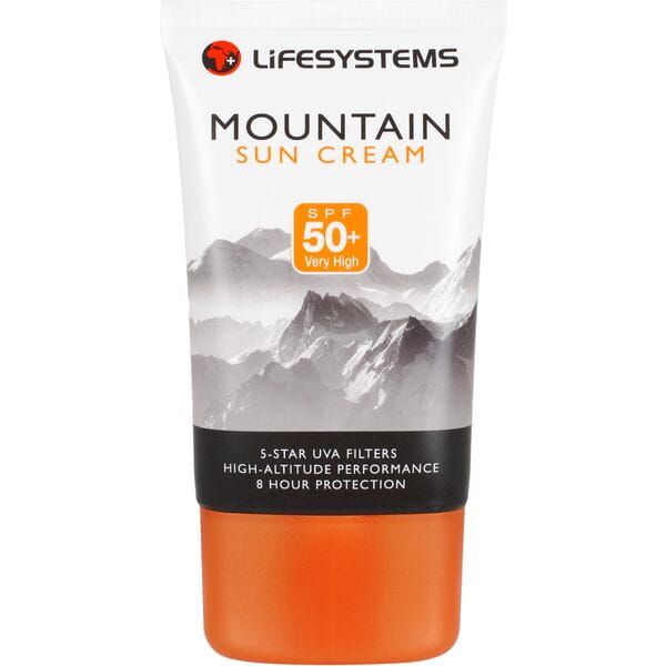 Lifesystems Mountain SPF 50+ Sun Cream 100ml bottle with broad spectrum UV protection, designed for outdoor accessories.