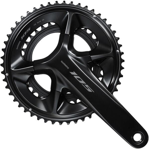 Shimano 105 FC-R7100 12-speed road bike crankset with double chainrings and HollowTech II design, close-up of the crankset components.
