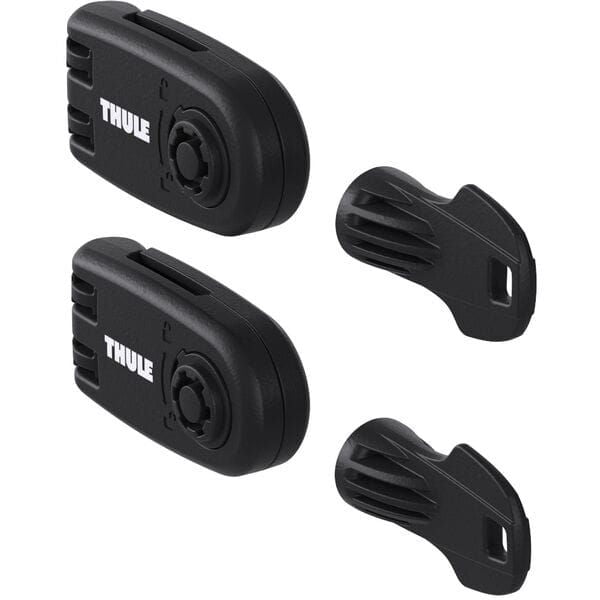 Thule Wheel Strap Locks for bike carriers with secure plastic straps and two included adaptors, ensuring bike security during transport.