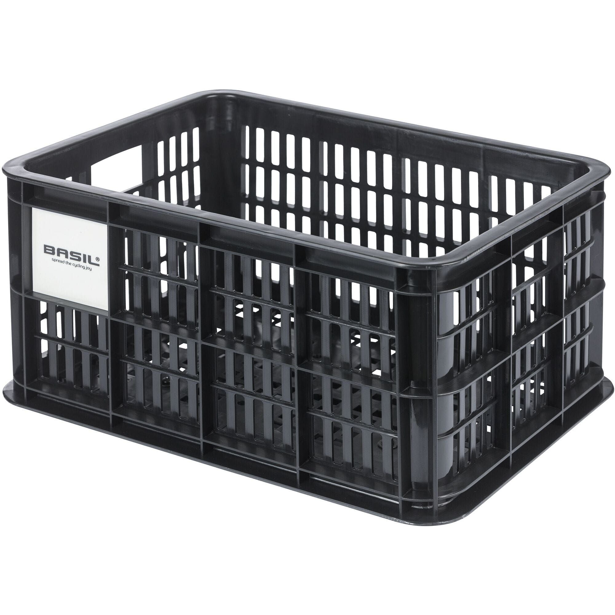 Black Basil Basil Bicycle Crate MIK Small 17.5L recycled synthetic bike basket attached to bicycle in outdoor setting