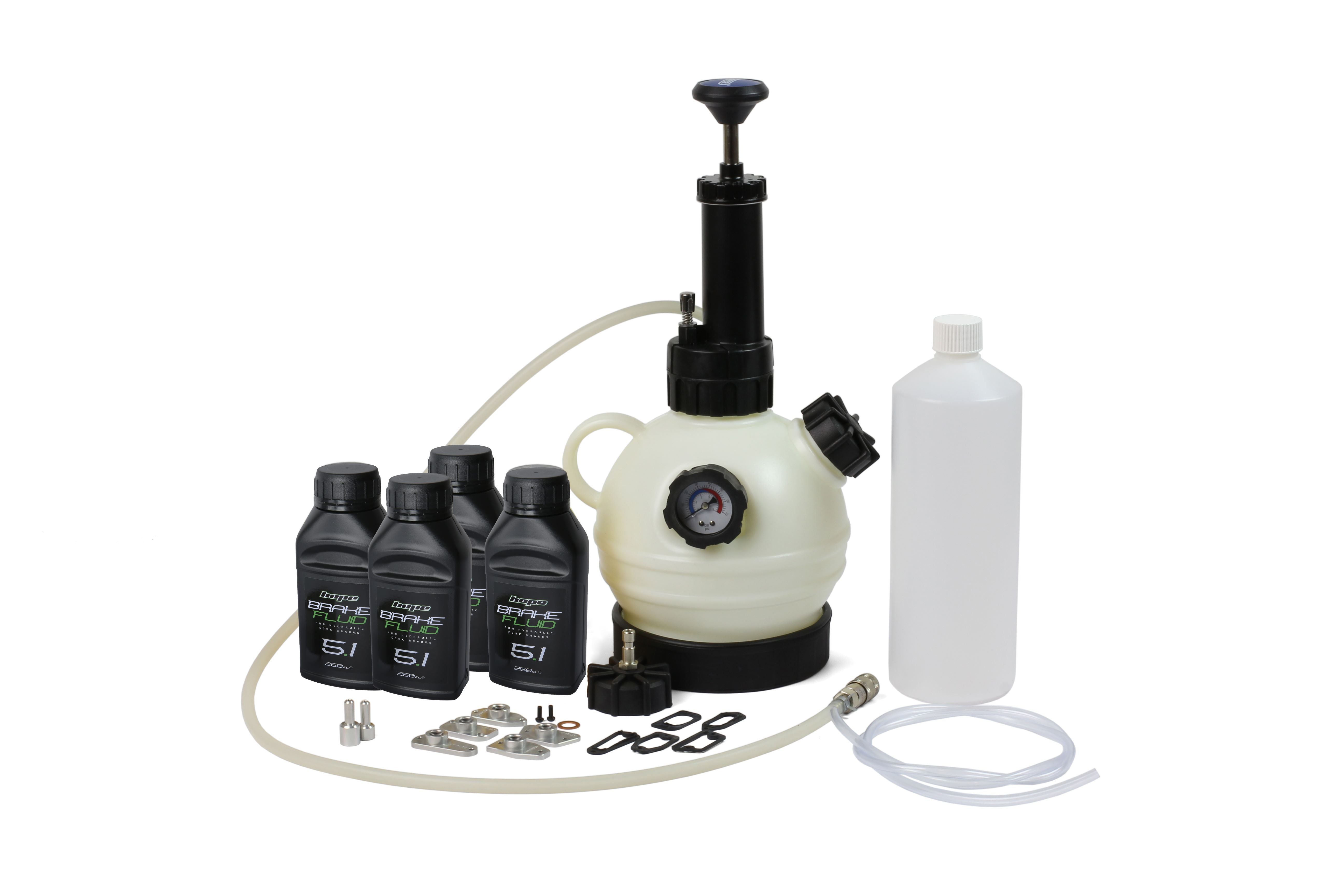 Hope Workshop bleed kit for hydraulic brake maintenance, featuring hoses, syringes, and tools for efficient brake fluid bleeding.