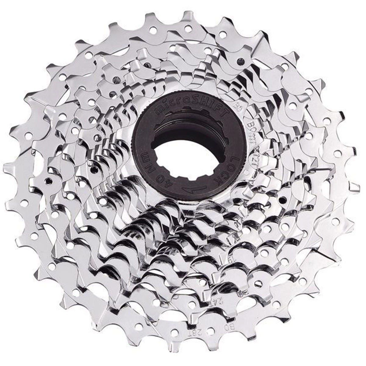 MicroSHIFT H-Series 11-speed road bike cassette with 11-34T steel chrome-plated gears, shown on a bike component.