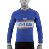 Light Blue Sport merino wool cycling jersey with long sleeves and pockets, designed for comfort and performance.
