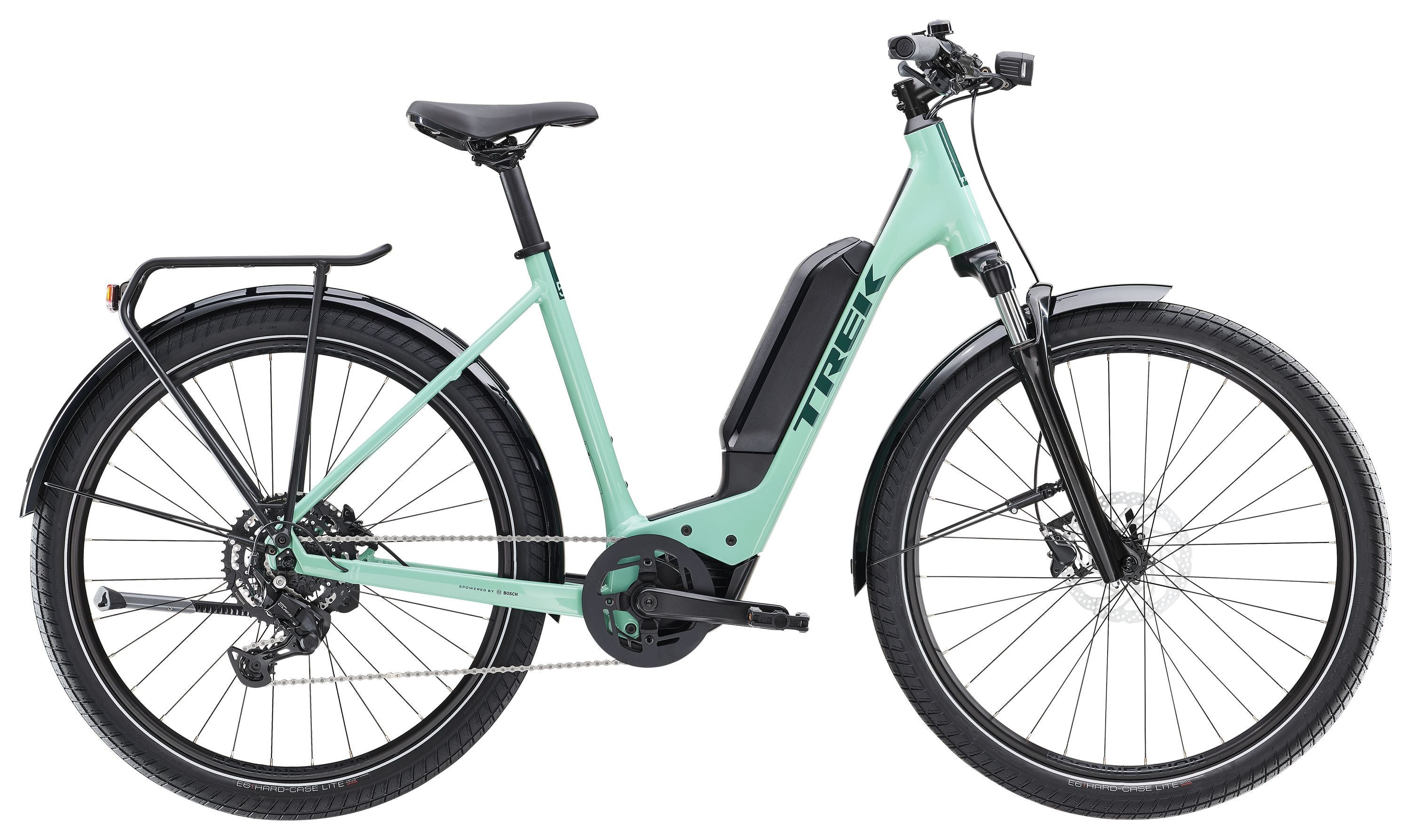 Trek Allant+ 5 Lowstep electric hybrid bike with step-through frame, comfortable saddle, and pedal assist for urban and recreational riding