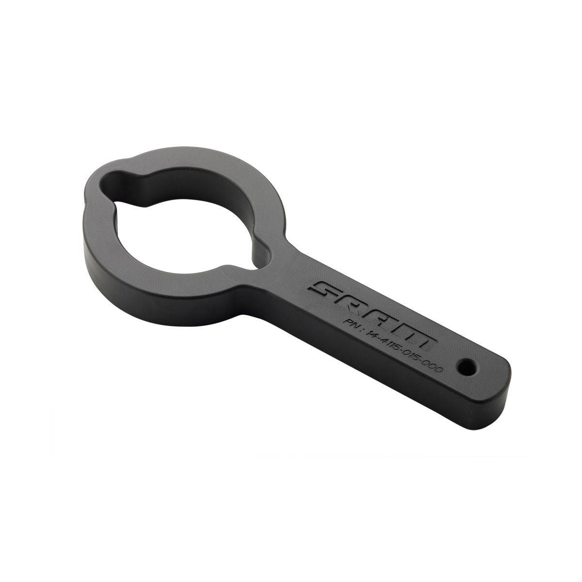 RockShox Wrench Air Can Tool for Vivid Air Rear Shock maintenance, shown in use on a bike component.