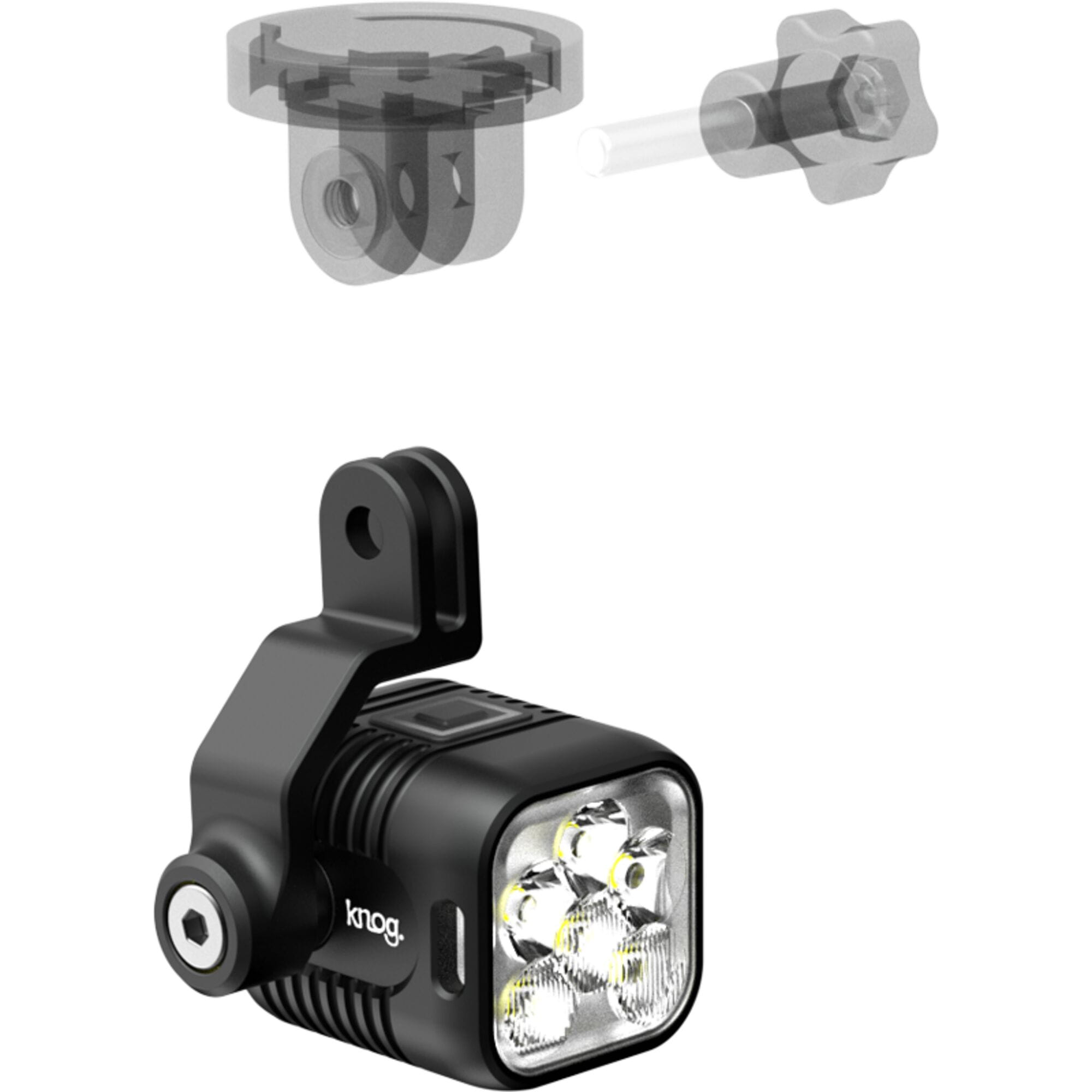 Knog Blinder Light E-X Small with GoPro mount accessory for E 900 and E 1300 bike lights, shown attached to a bike.
