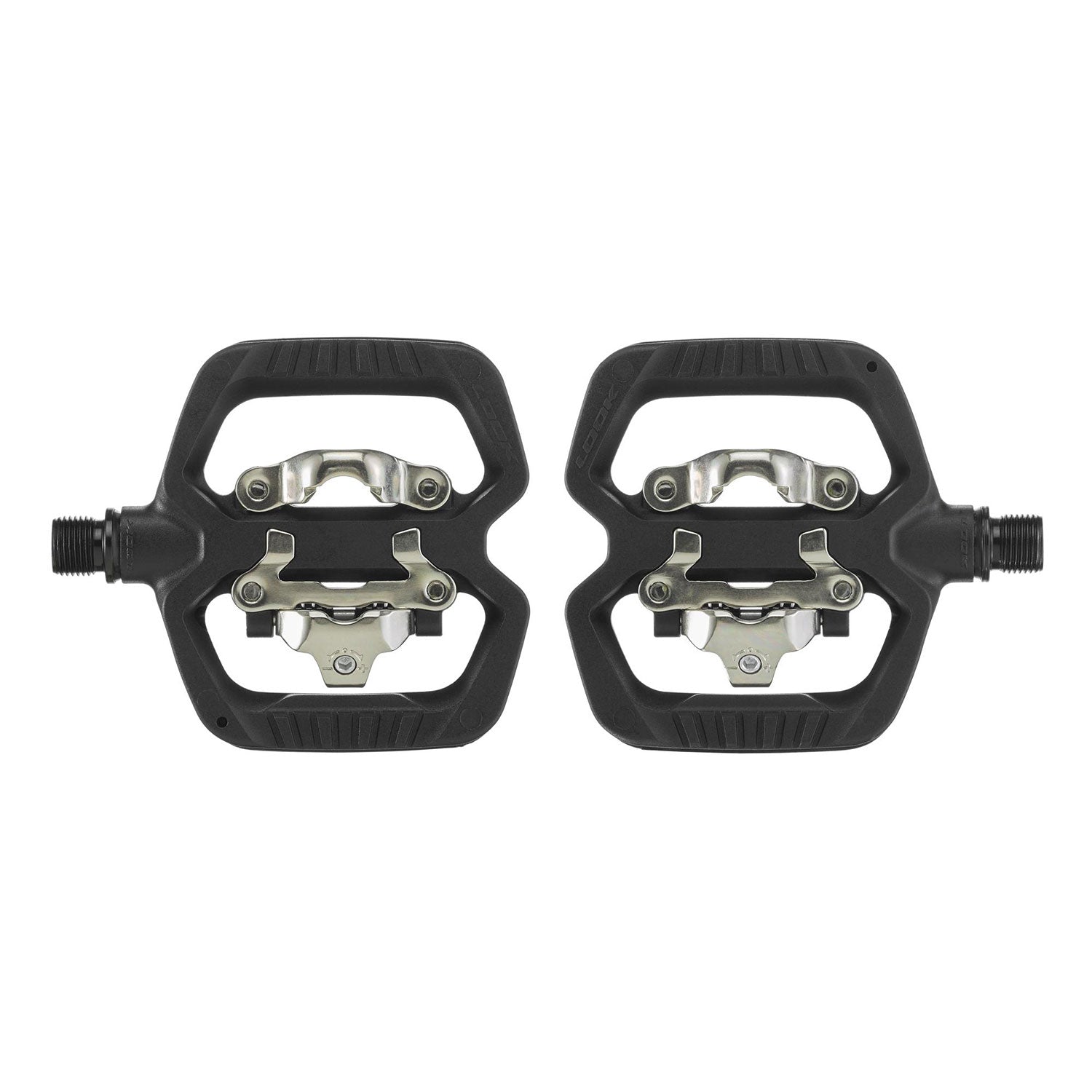 Look X-Venture dual-sided MTB pedals with SPD clipless and platform grip, featuring durable components for mountain biking.