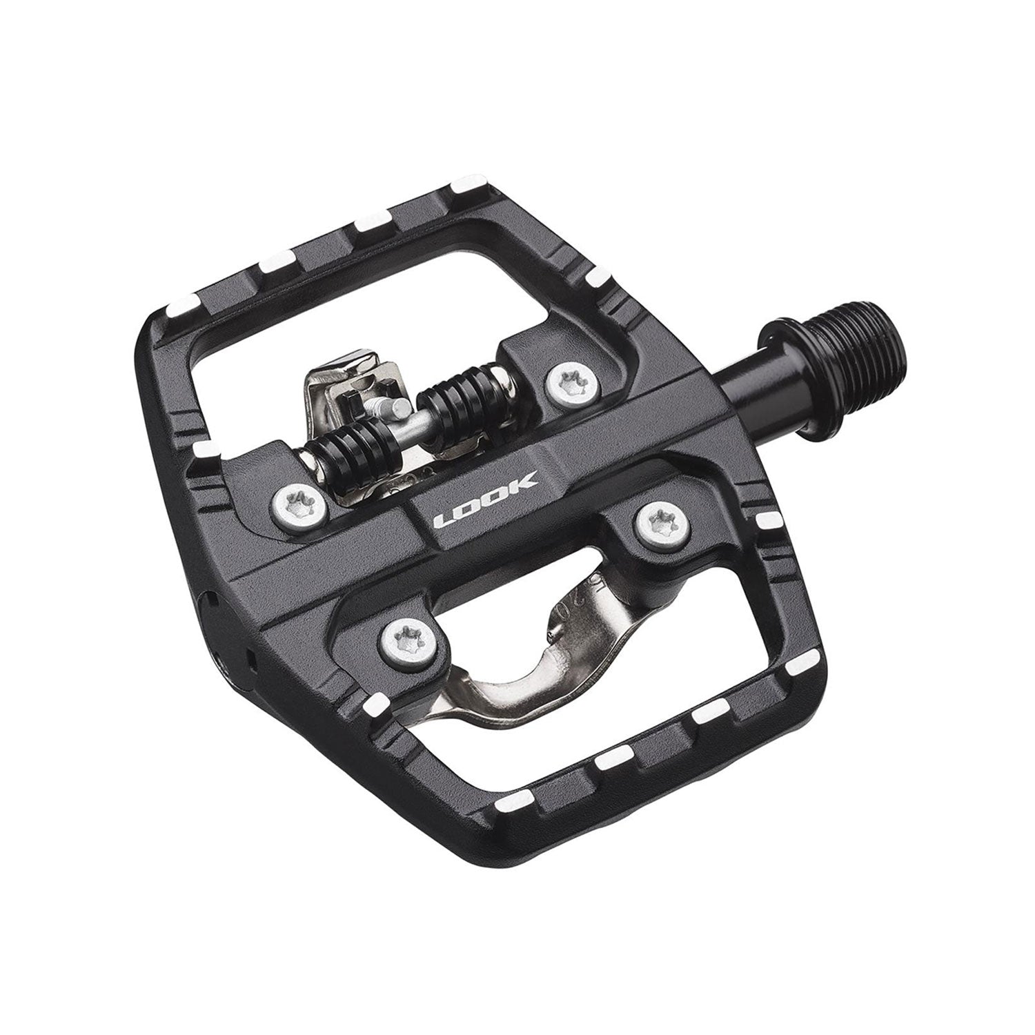 Look X-Venture Plus dual-sided pedals with SPD clipless and flat platform for cycling, shown with cleats attached.