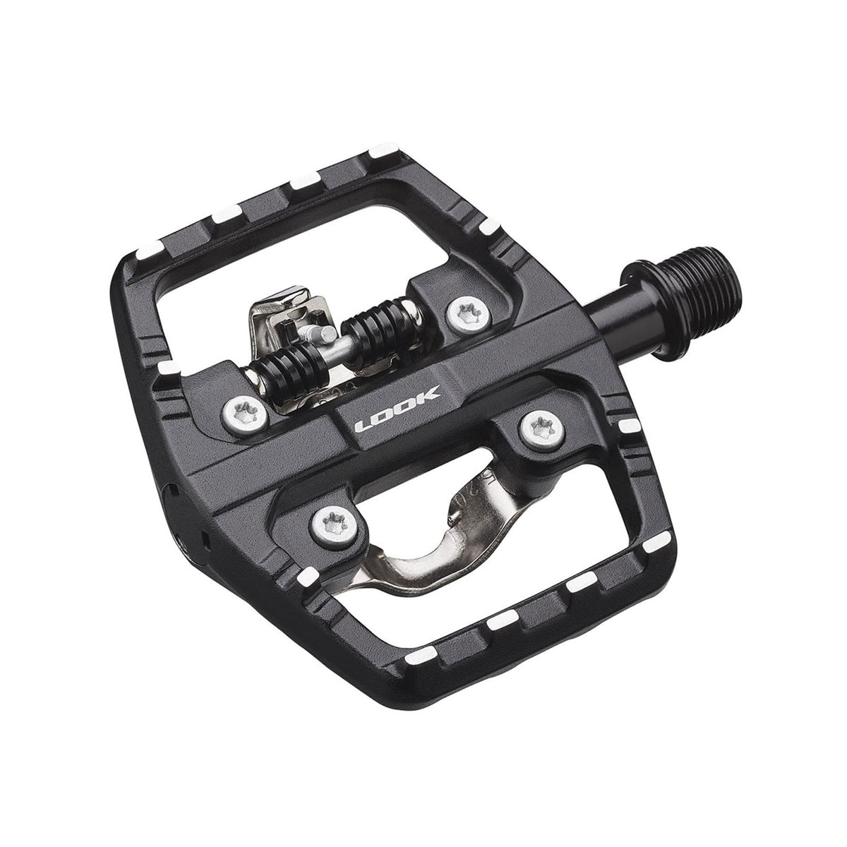 Look X-Venture Plus dual-sided pedals with SPD clipless and flat platform for cycling, shown with cleats attached.