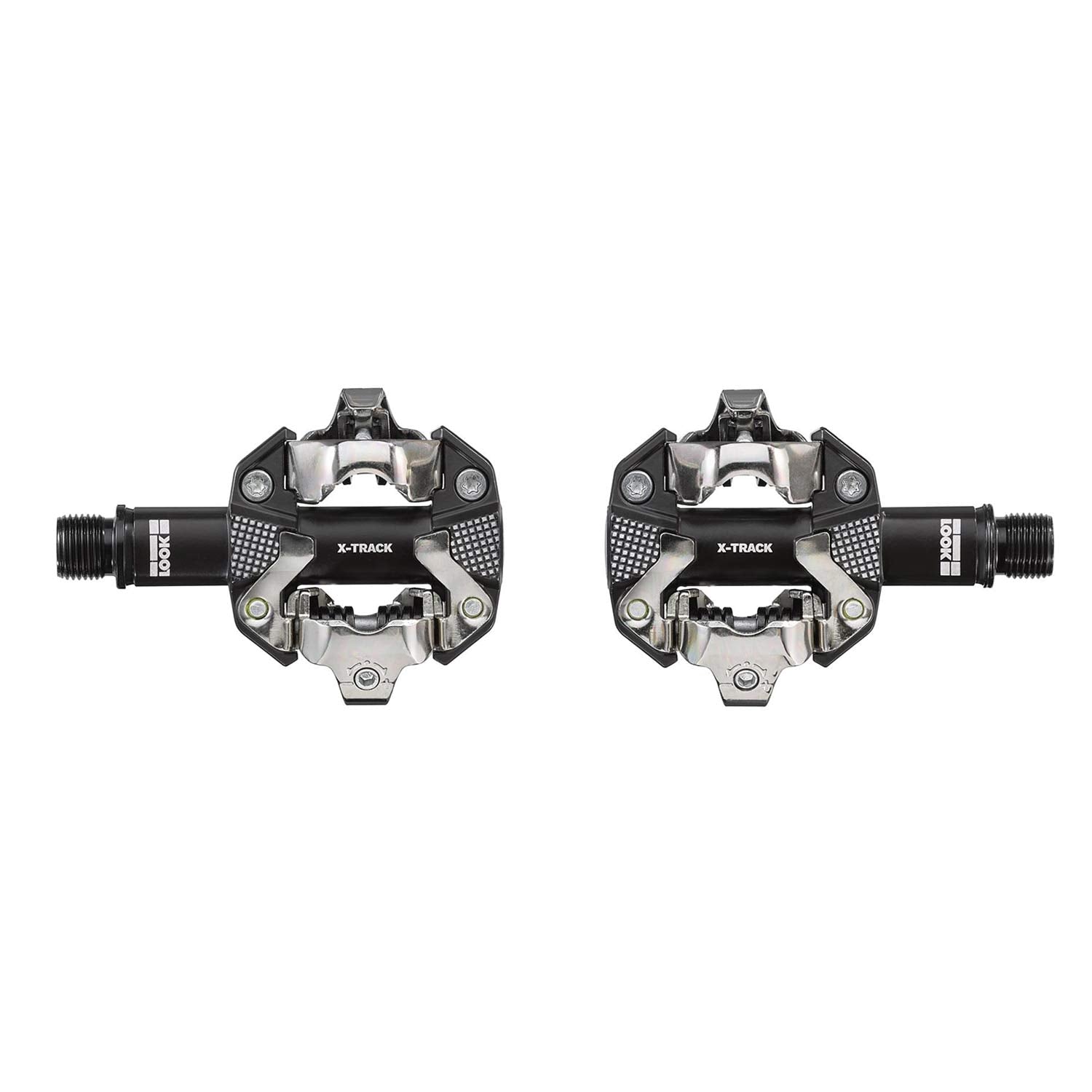 Look X-Track MTB pedals in dark grey, SPD-compatible off-road bike components with clipless pedal design and rugged surface.