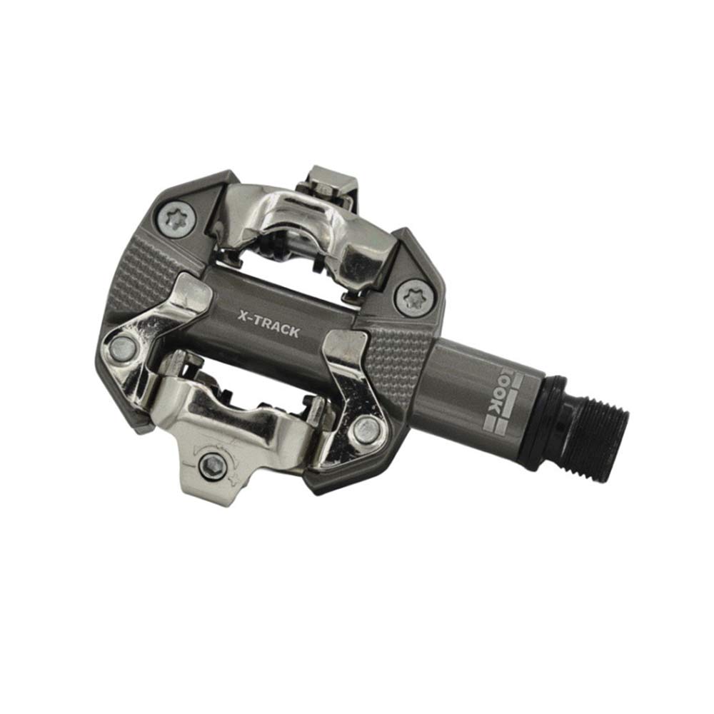 Look X-Track MTB pedals in metallic grey with SPD compatibility and adjustable tension, designed for mountain biking components.
