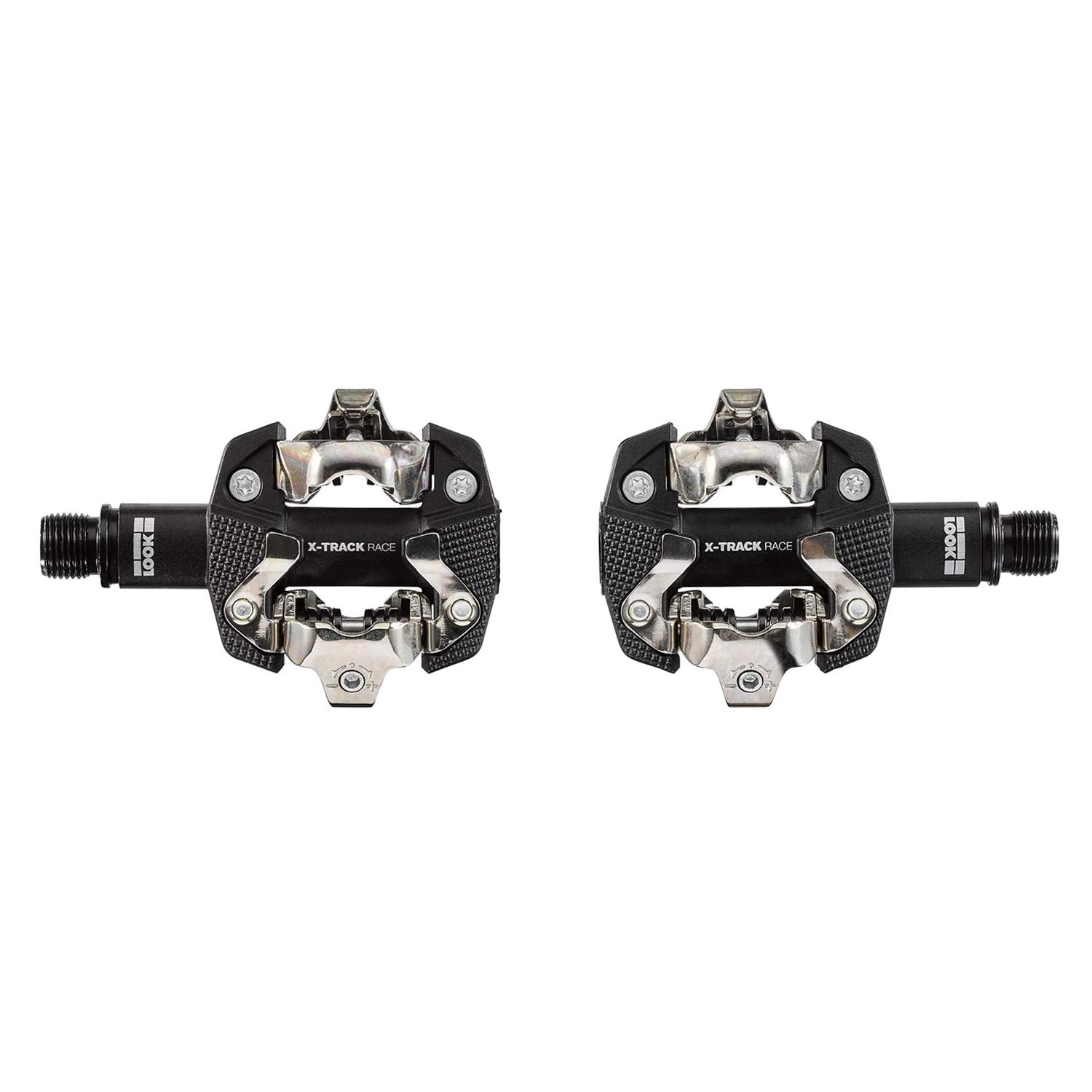 Look X-Track Race MTB pedals with SPD compatibility, adjustable tension, mud-shedding design, shown mounted on a mountain bike.