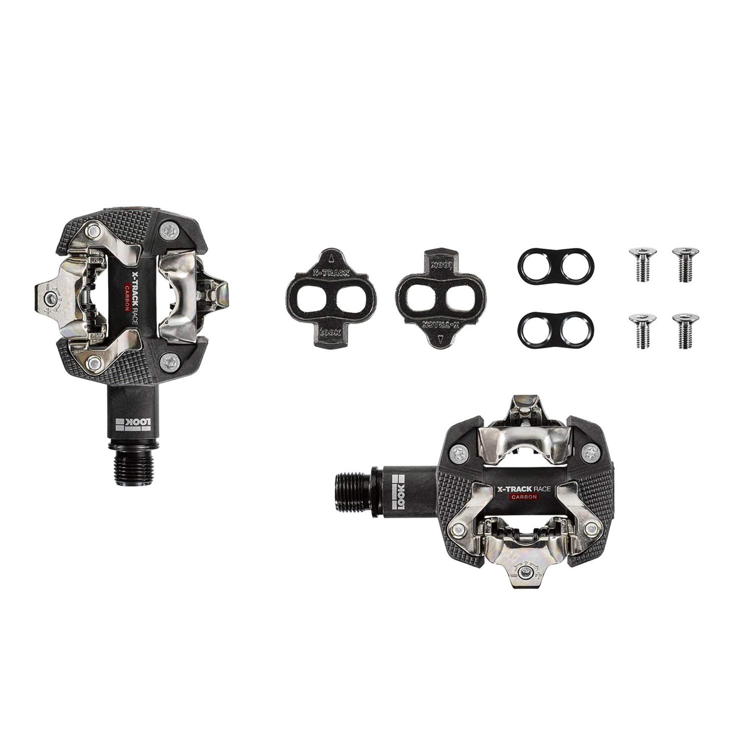 Look X-Track Race Carbon MTB pedals with SPD clipless mechanism and 60mm platform, shown with cleats attached on black pedals.