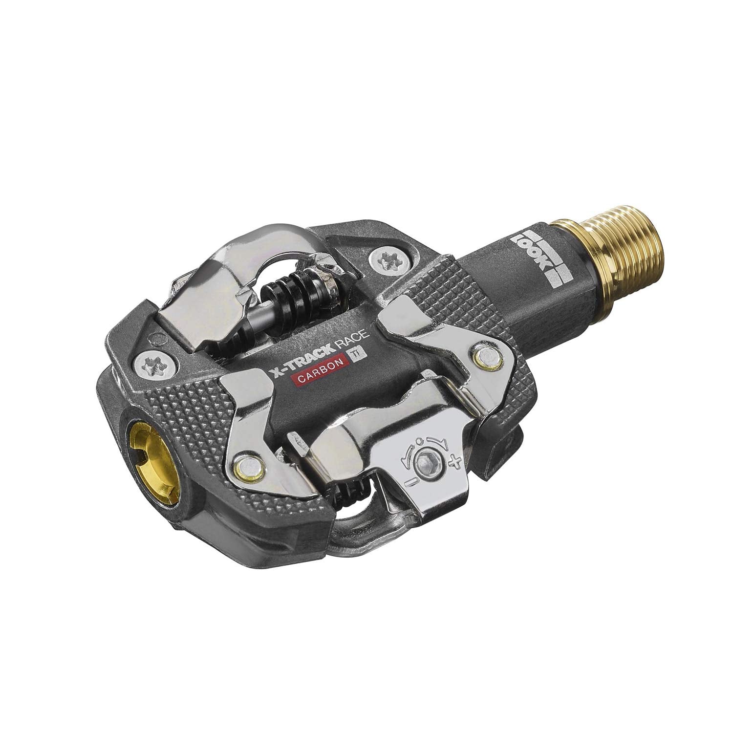 Look X-Track Race Carbon Ti MTB pedals with adjustable SPD cleats, lightweight carbon and titanium construction for mountain biking.