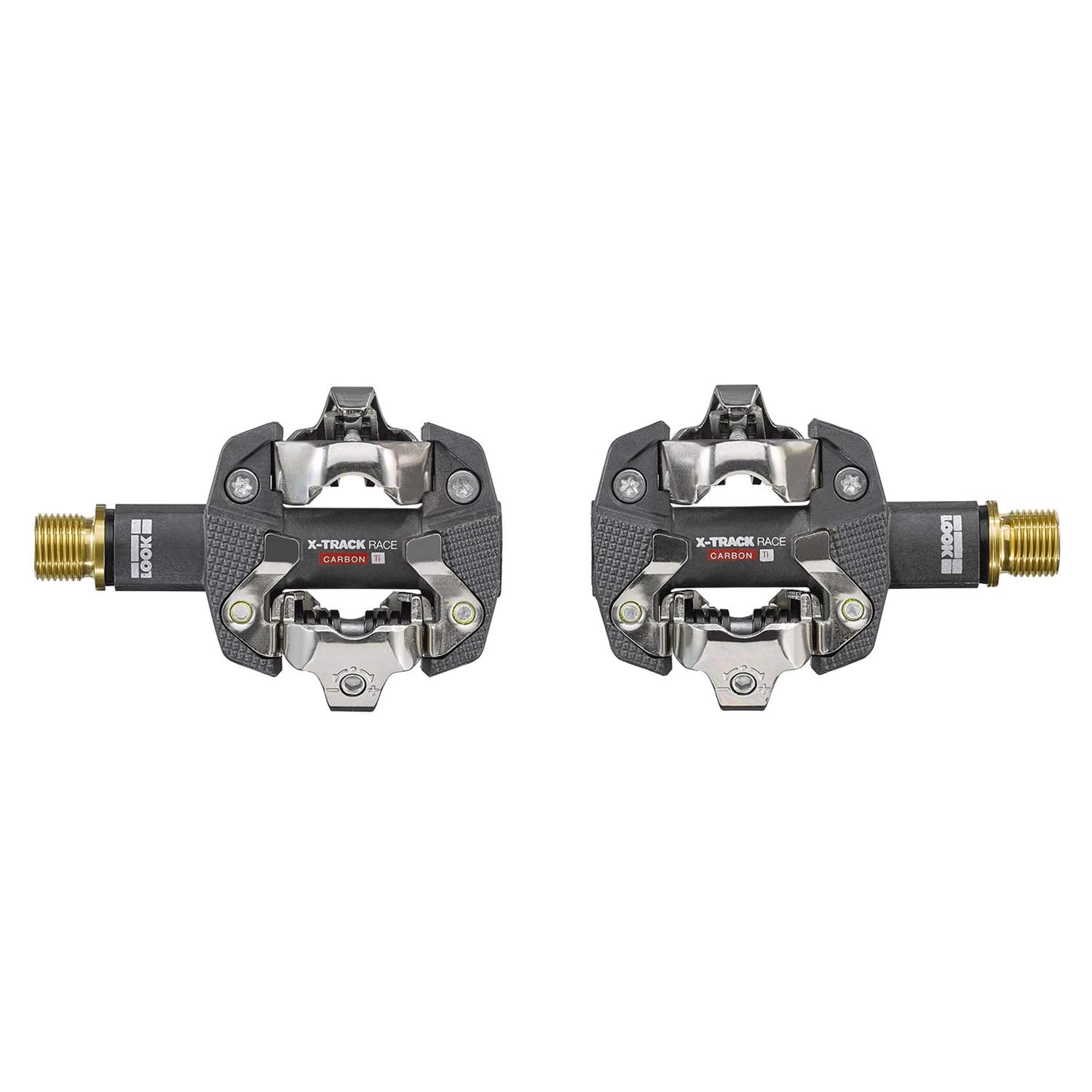 Look X-Track Race Carbon Ti MTB pedals with adjustable SPD cleat tension, lightweight racing bicycle component for mountain biking.