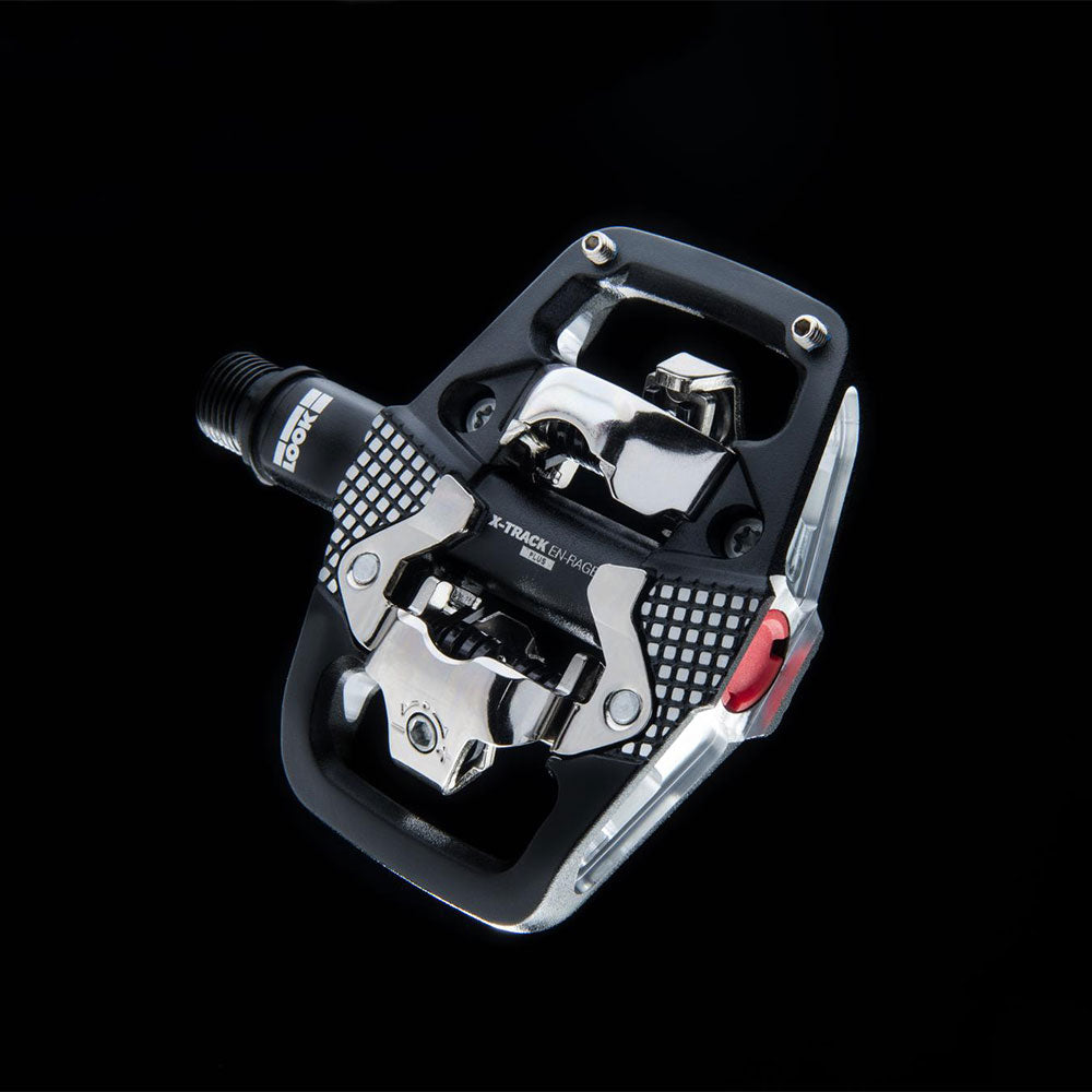 Look X-Track EN-Rage Plus SPD mountain bike pedals with rugged metal clips and black body for enduro and aggressive riding.