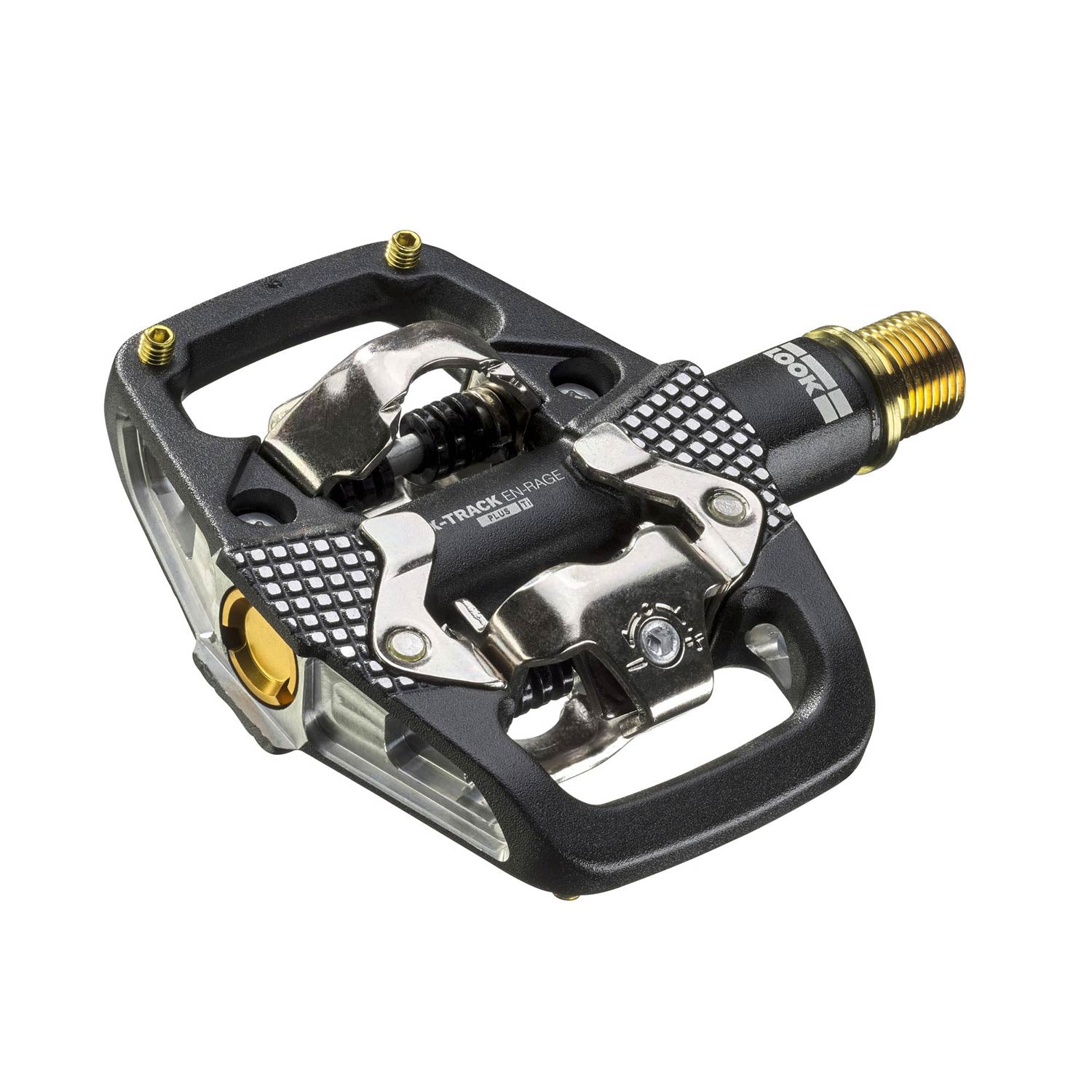 Look X-Track EN-Rage Plus TI MTB pedals with titanium axle and SPD compatibility, showing their durable design and clipless pedal features.