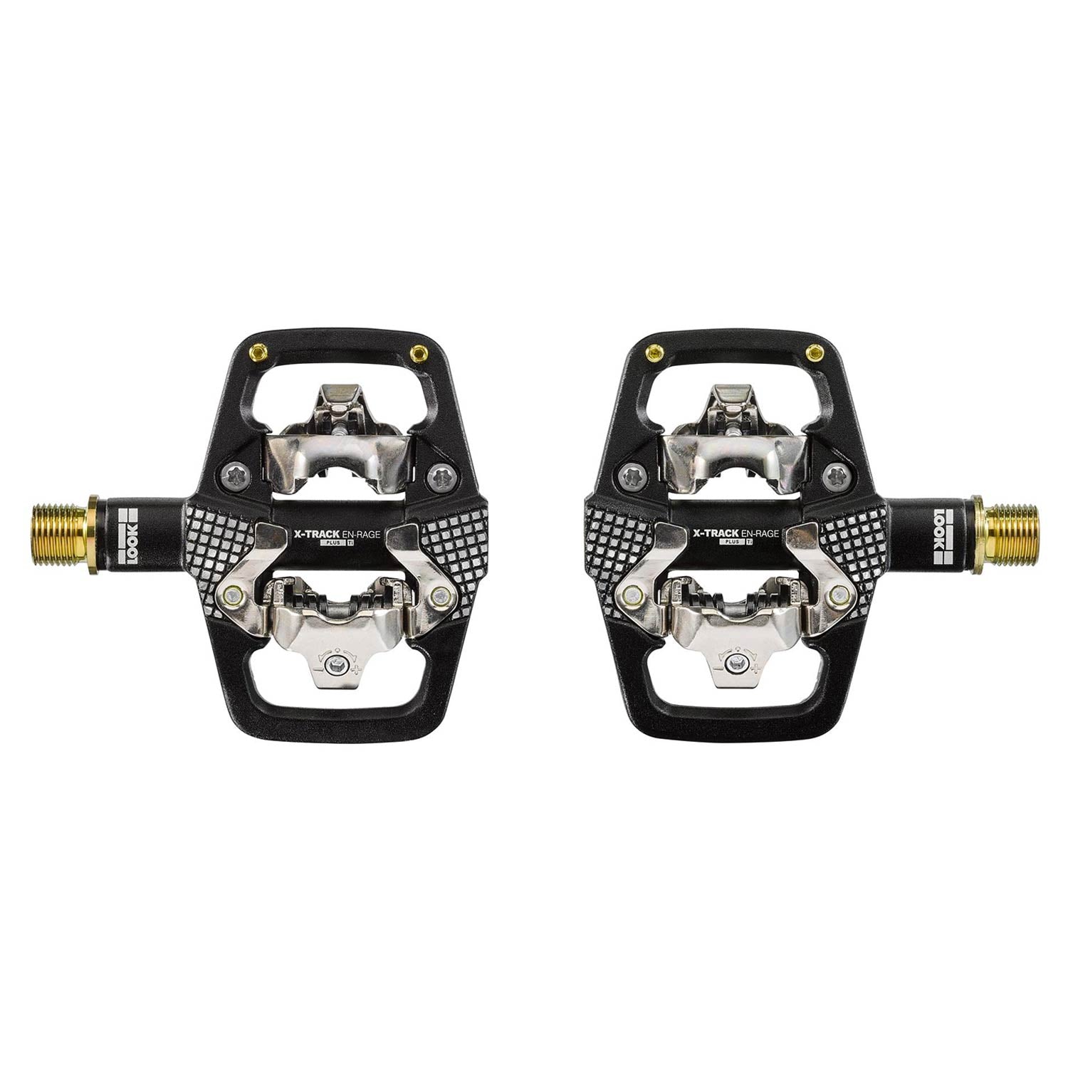 Look X-Track EN-Rage Plus TI MTB pedals with titanium axle, SPD compatibility, featuring black body and clipless pedal design.