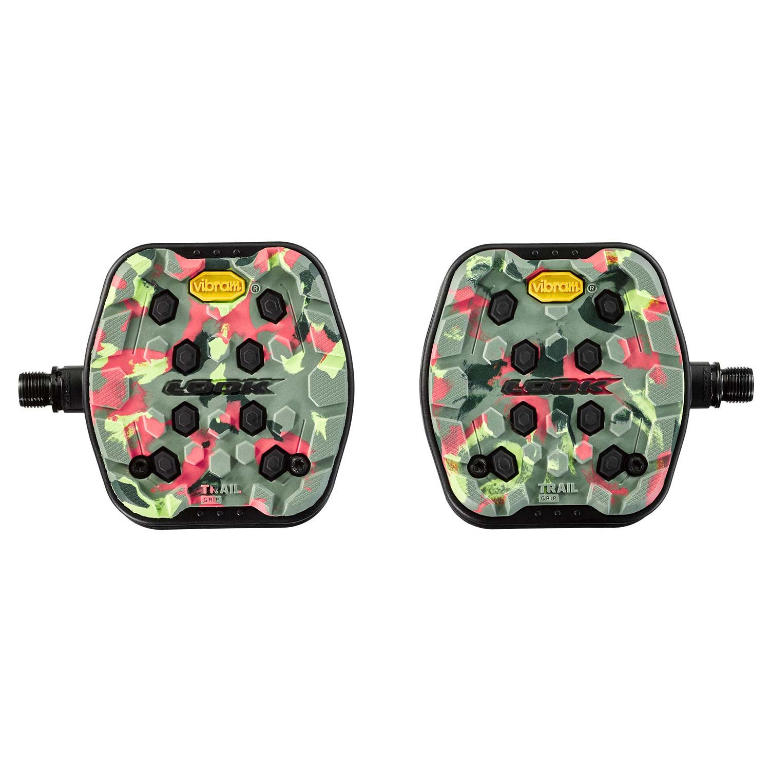 Look Trail Grip flat mountain bike pedals with Vibram Activ Grip technology, showcasing their rugged design and textured surface.