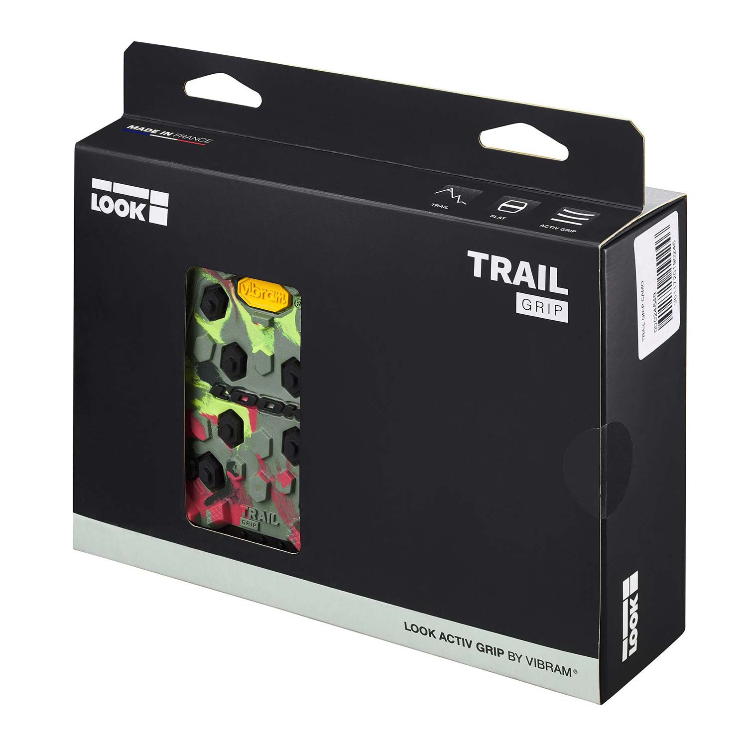 Look Trail Grip Flat Pedals with Vibram Activ Grip technology for mountain biking, showcasing durable pedal surface and rugged design.