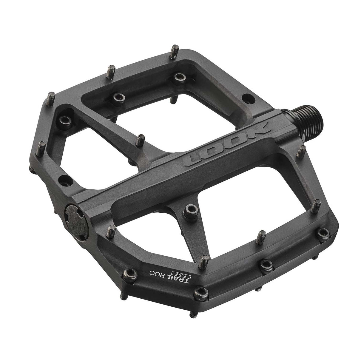 Look Trail Roc Plus flat MTB pedals with adjustable pins, durable components designed for mountain biking performance.