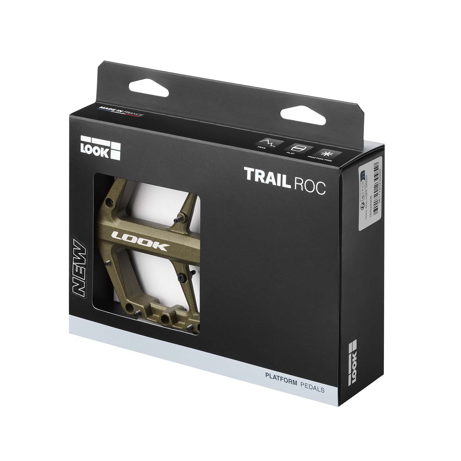 Look Trail Roc flat mountain bike pedals with traction pins, featuring a sturdy metal body and textured surface for off-road riding.