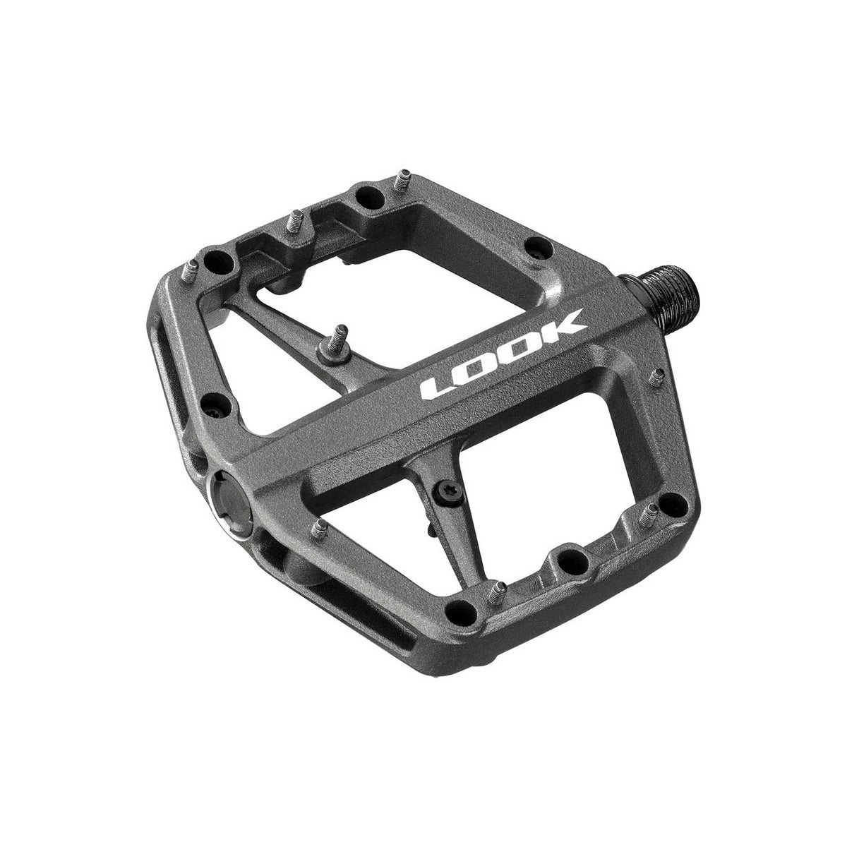 Look Trail Roc flat pedals with traction pins for mountain biking, featuring durable components and a rugged design for off-road riding.