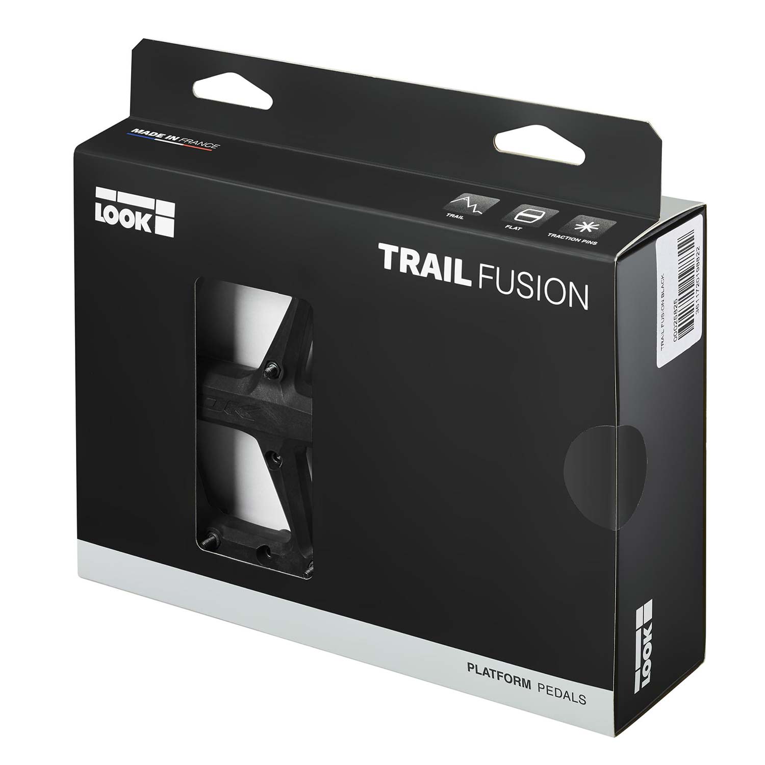 Look Trail Fusion flat MTB pedals with wide platform and replaceable pins, designed for mountain biking components.