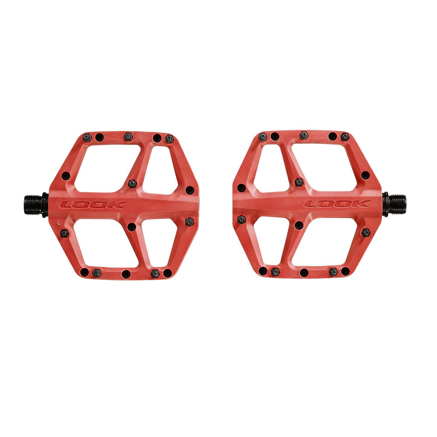 Look Trail Fusion Flat Mountain Bike Pedals with replaceable pins in red, showcasing their durable design and rugged platform.