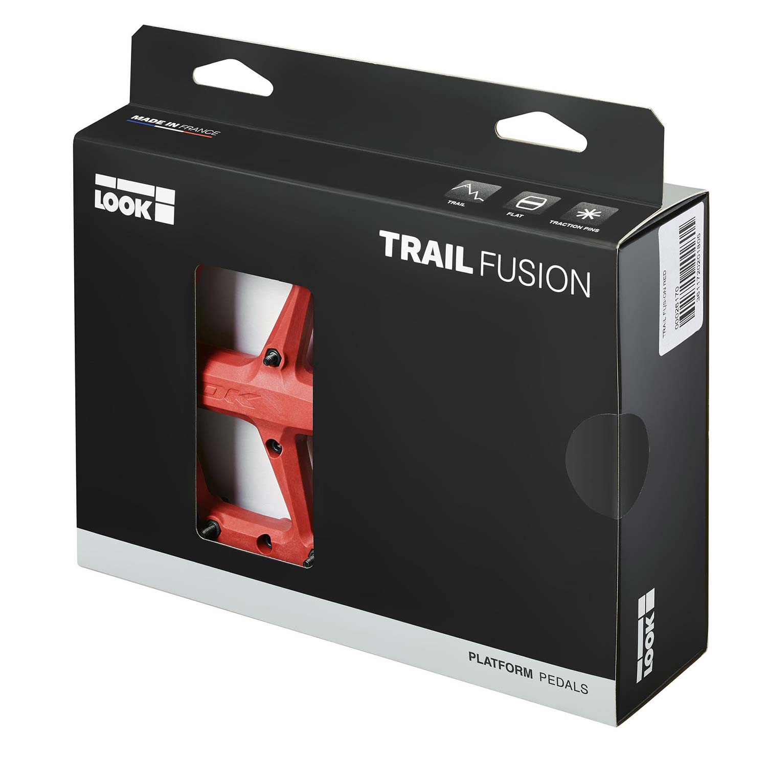 Look Trail Fusion flat mountain bike pedals with red finish, featuring replaceable pins for enhanced grip and durability.