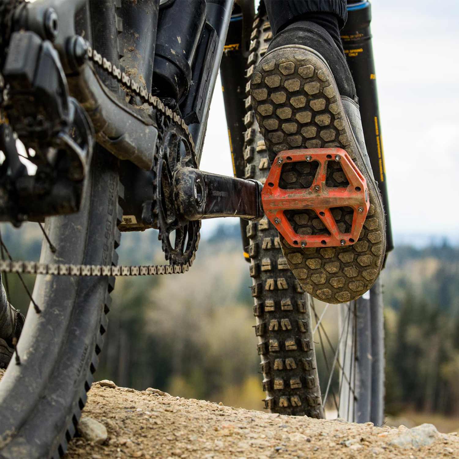 Look Trail Fusion flat mountain bike pedals with red color and replaceable pins, designed for durability and performance on rugged trails.