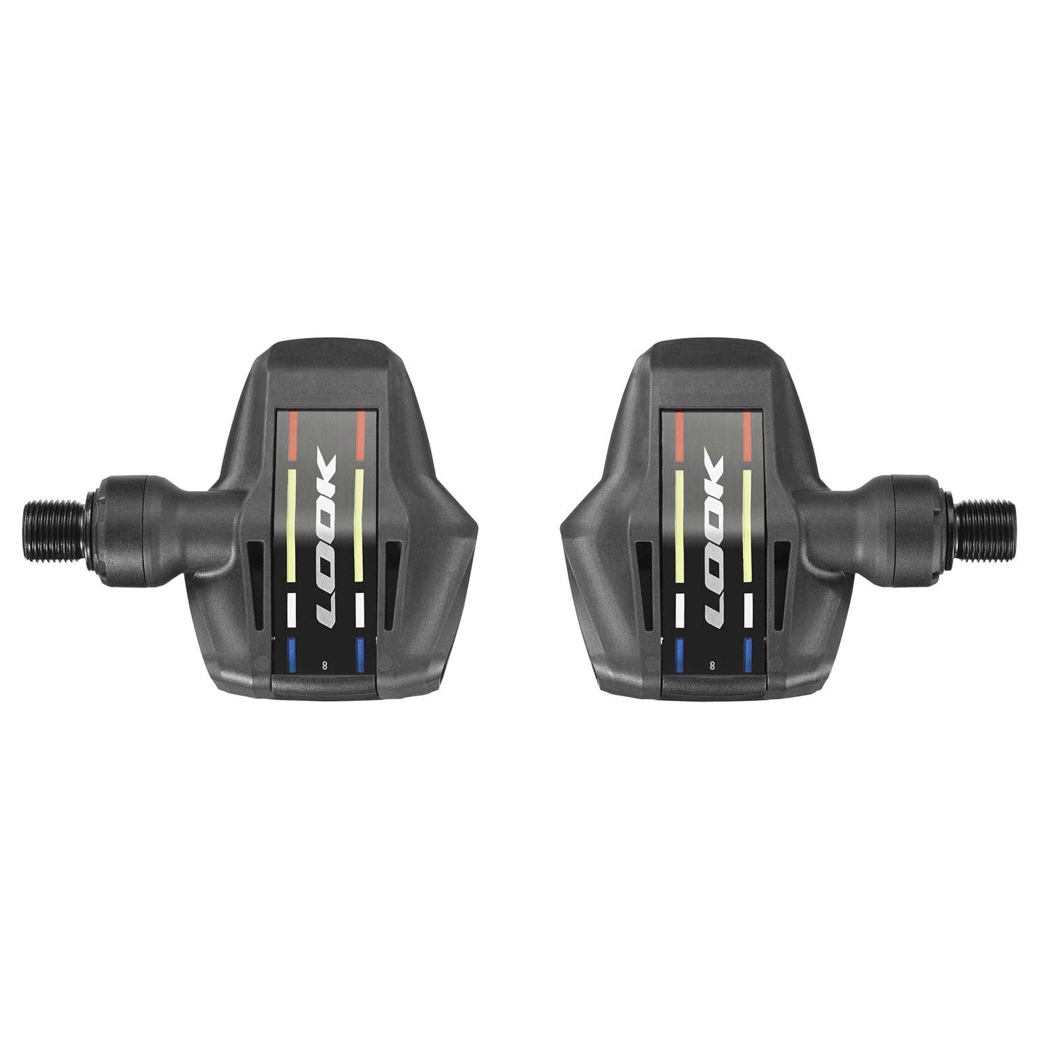 Look Keo Blade road bike pedals with aerodynamic design and wide platform, showcasing sleek black components for cycling performance.