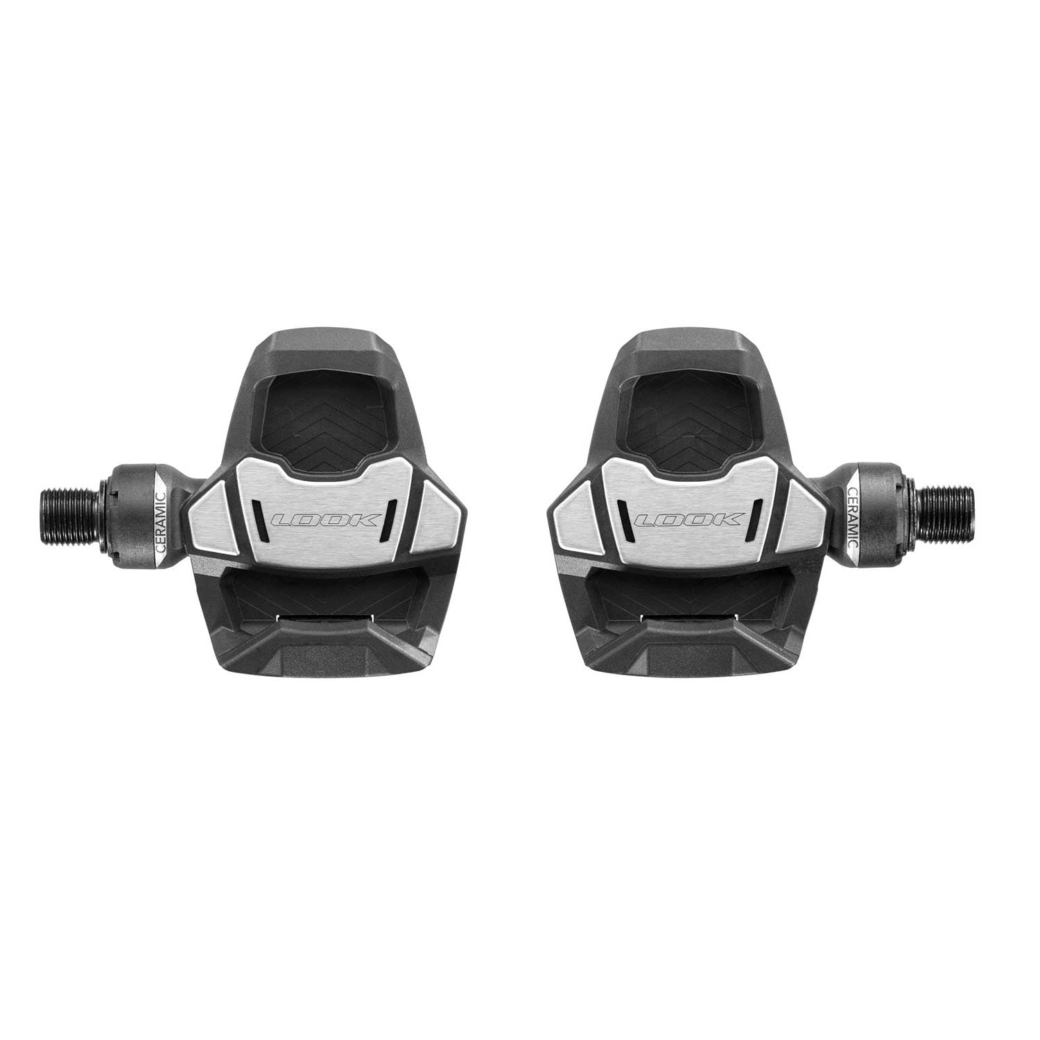 Look Keo Blade ceramic road bike pedals with 56mm Q-Factor and adjustable tension, shown with cleats and mounting details.