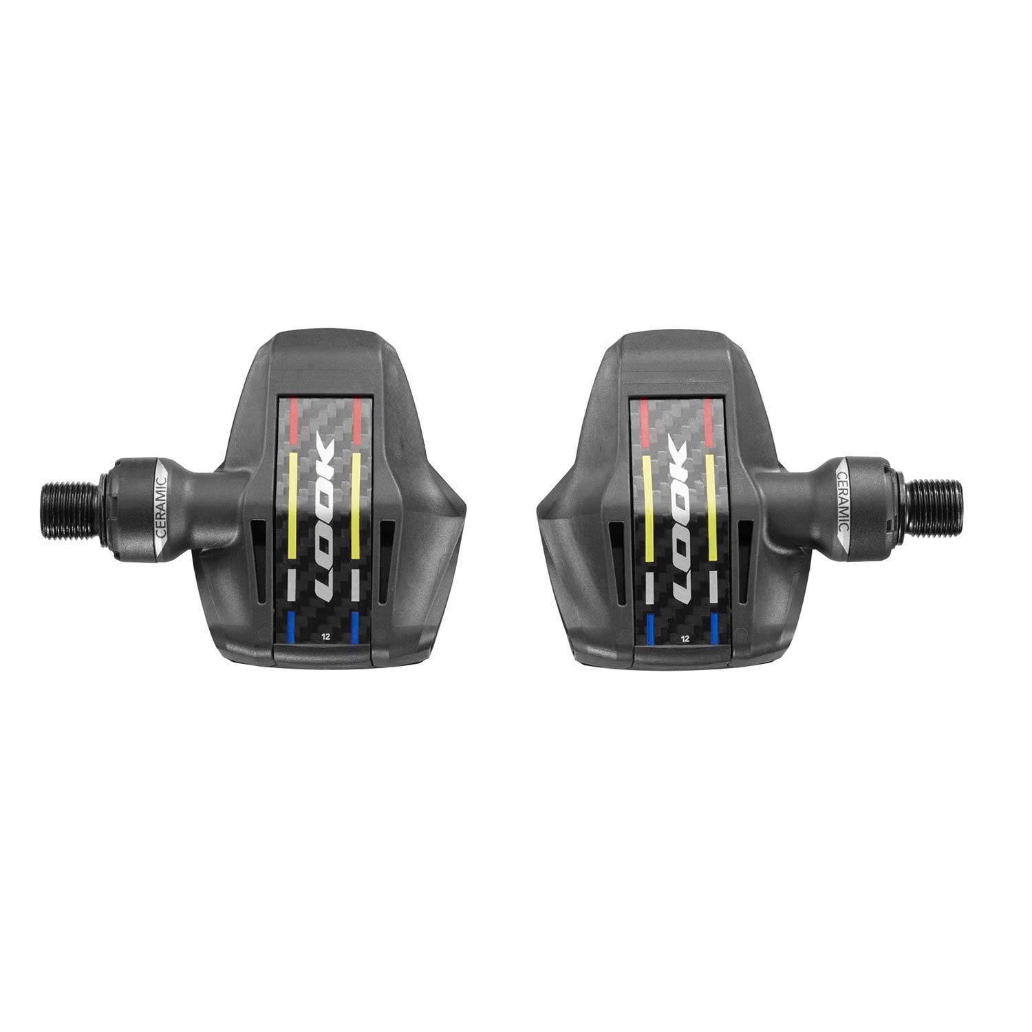 Look Keo Blade ceramic road bike pedals with 56mm Q-factor and adjustable tension, showing sleek design and pedal cleats.