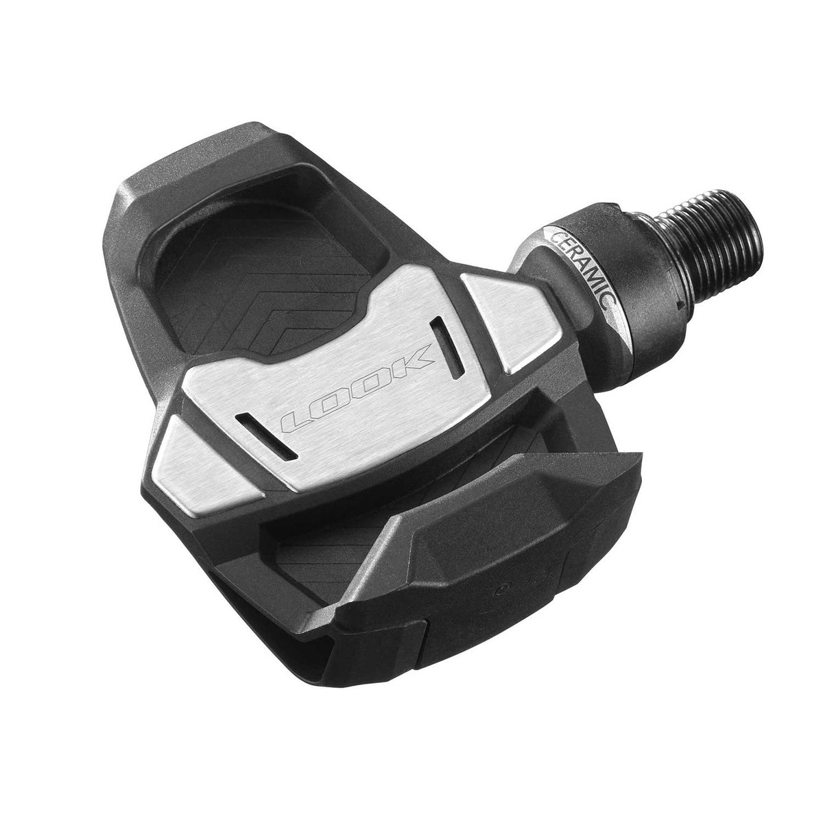 Look Keo Blade ceramic road bike pedals with 56mm Q-Factor and adjustable tension, showcasing sleek components and cleat interface.
