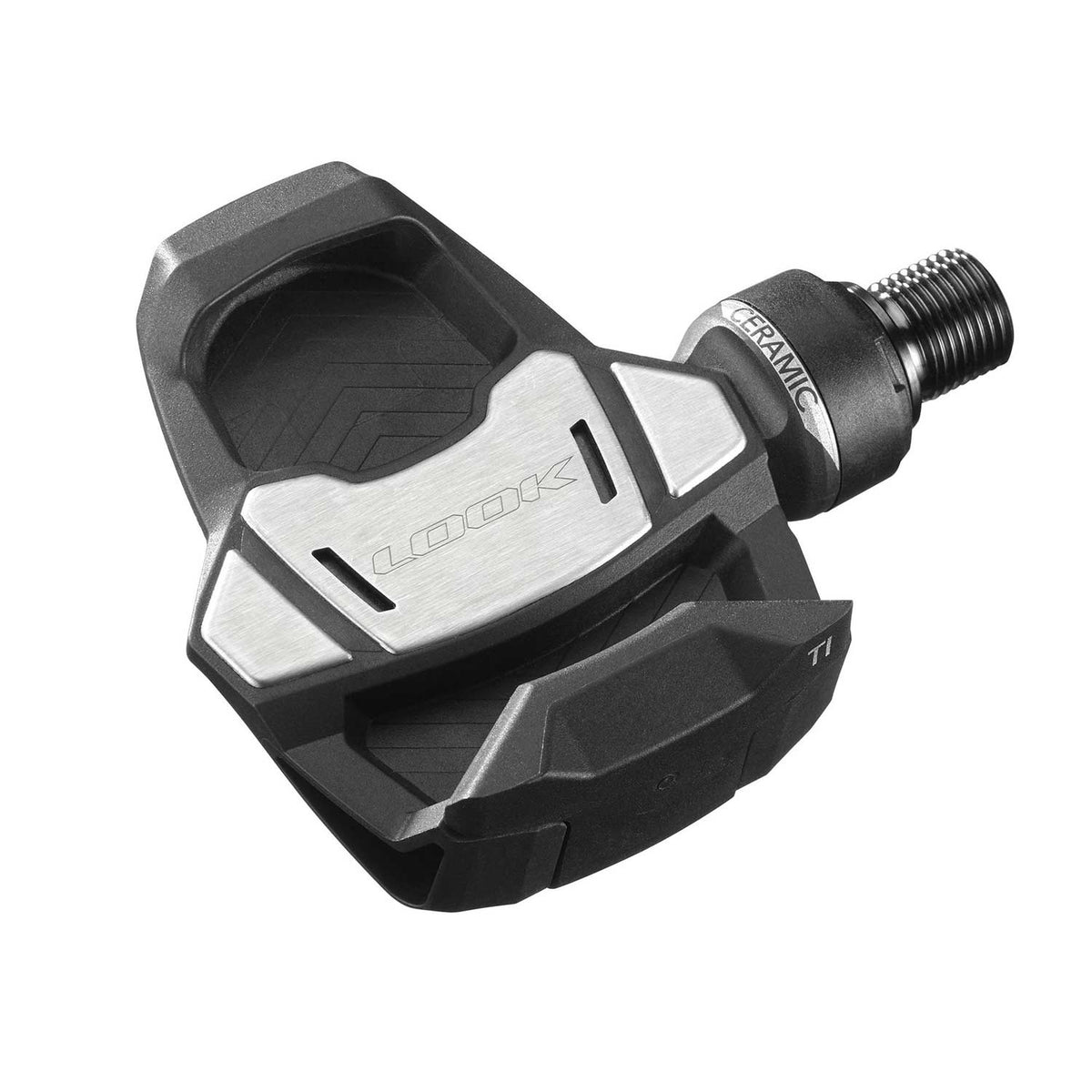 Look Keo Blade Ti ceramic road bike pedals with titanium axles and ceramic bearings, showcasing their sleek design and high-performance components.