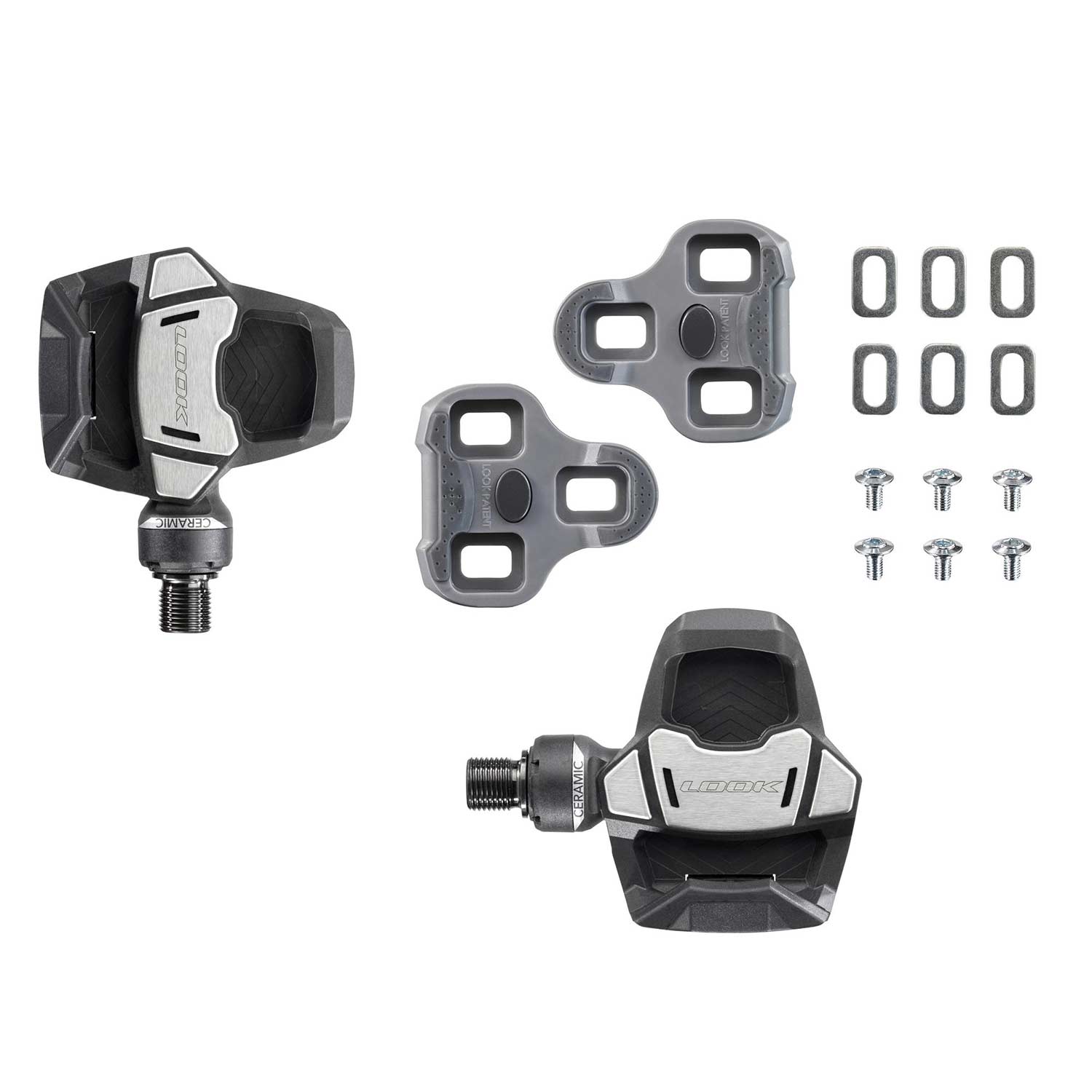 Look Keo Blade Ti ceramic road bike pedals with 12° adjustable float and 56mm Q-Factor, featuring lightweight titanium construction.