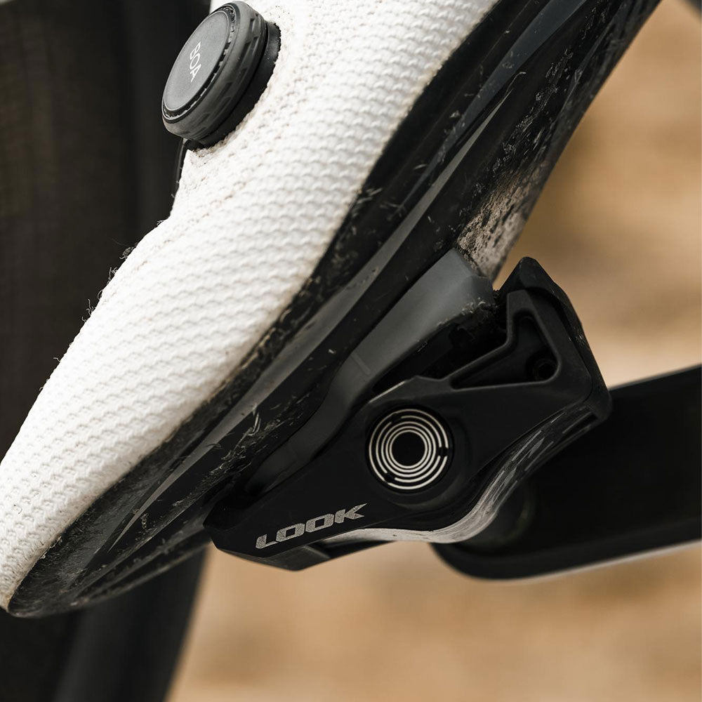 Look Keo Blade Power Dual Pedals with integrated power meter and Bluetooth connectivity, shown with cleats attached.