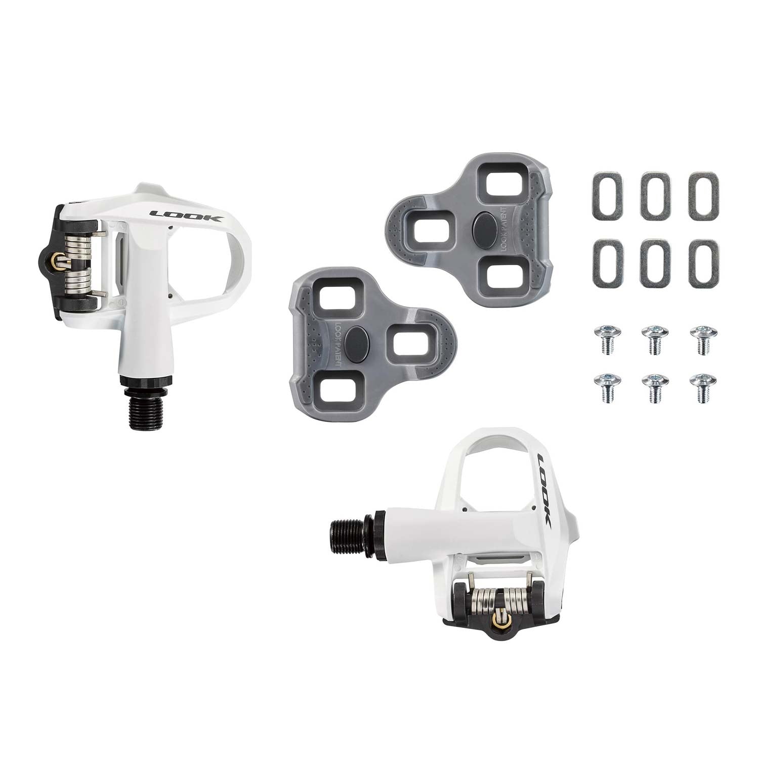 Look KEO 2 MAX white road bike pedals with adjustable tension system, showing the sleek design and pedal cleats.