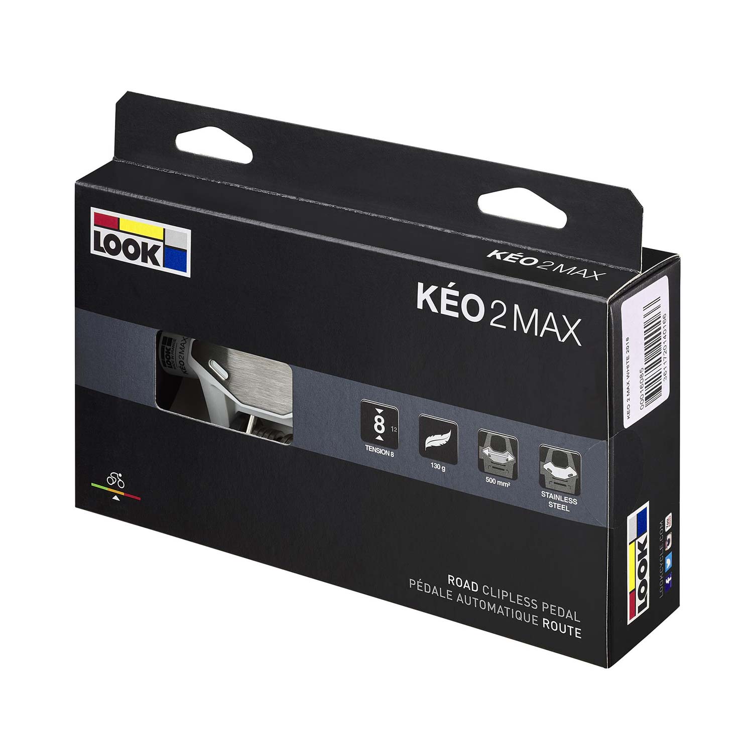 Look Keo 2 Max white road bike pedals with adjustable tension system, showing sleek design and cleat attachment area.
